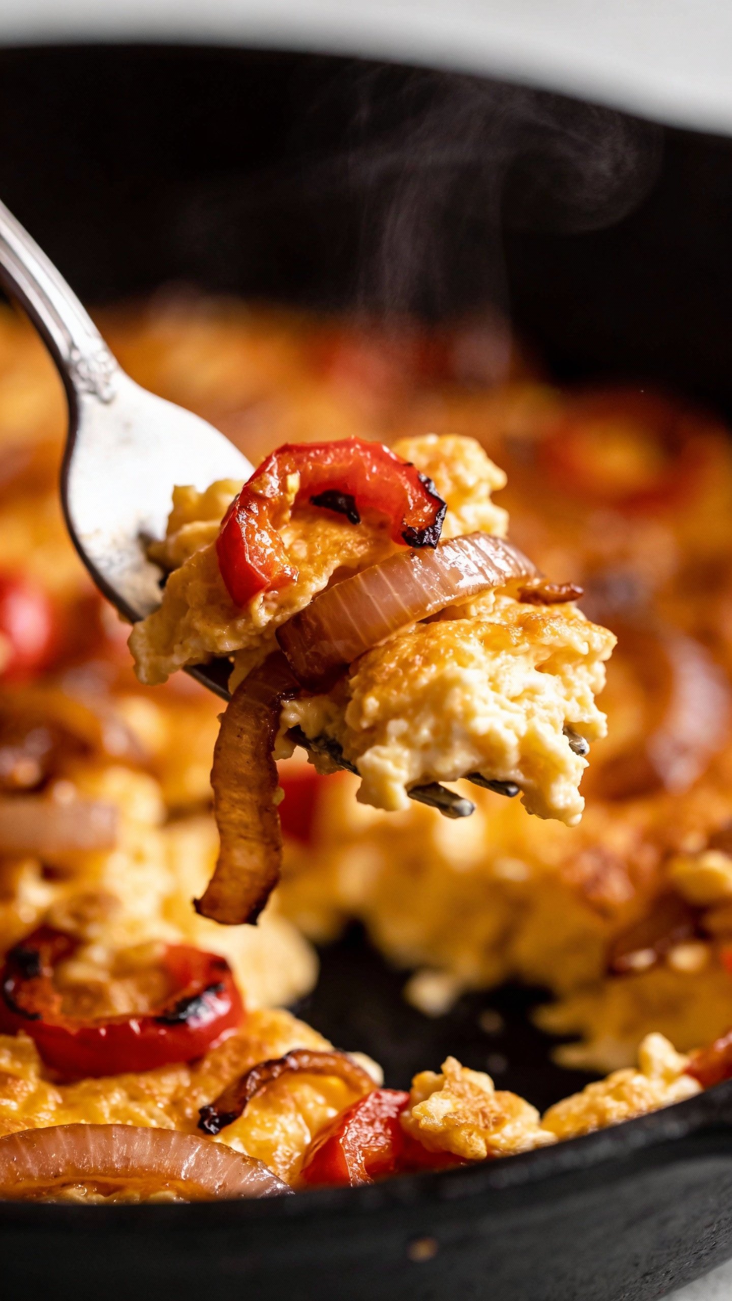 closeup forkful of smoky pepper-onion egg scramble, shallow depth