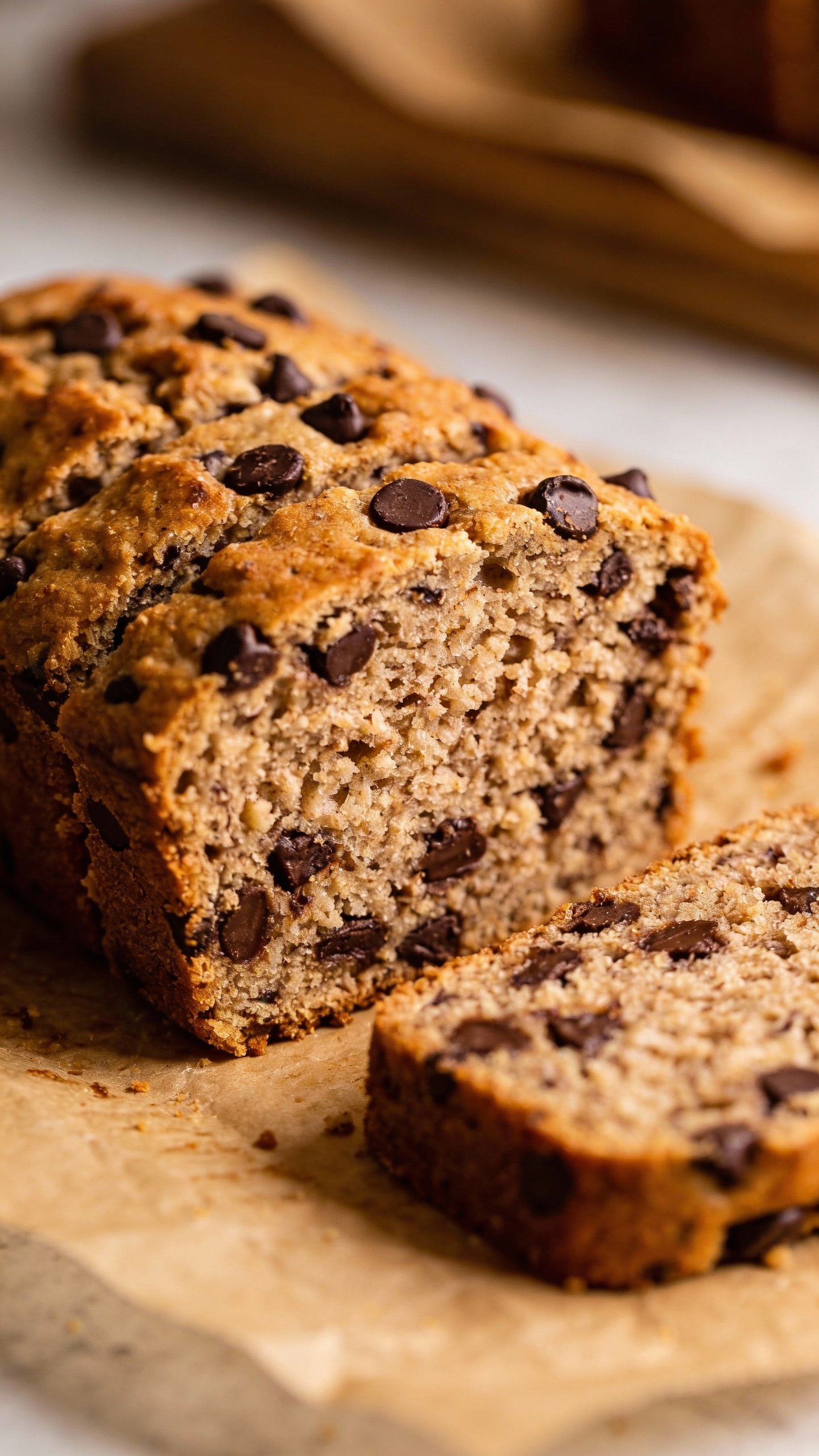 closeup slice of keto chocolate chip breakfast bread on parchment