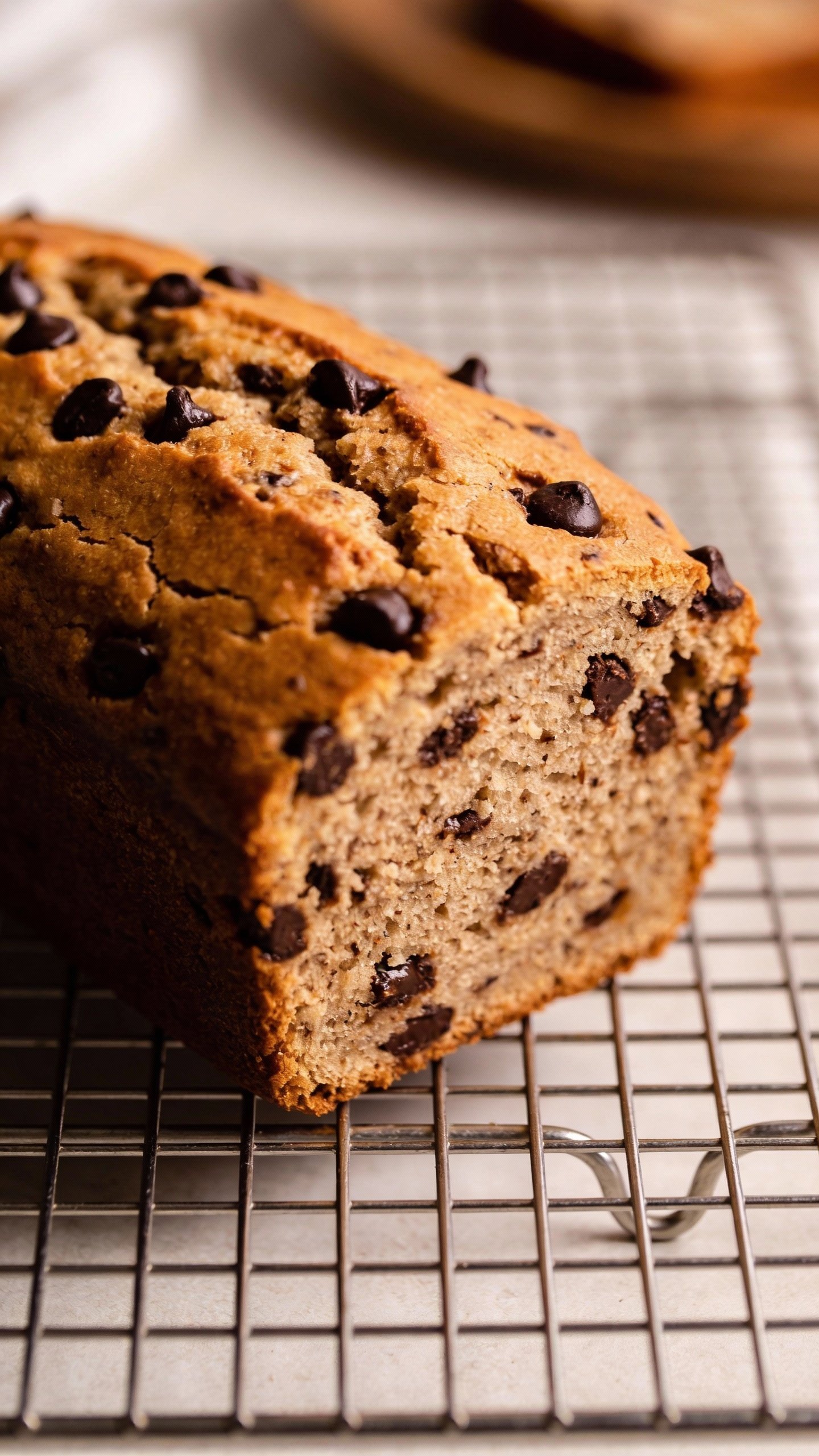 single loaf of keto chocolate chip bread on cooling rack