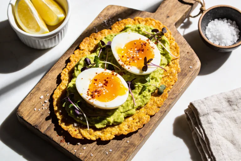 Crispy Keto Breakfast Flatbread with Eggs & Avocado Bliss