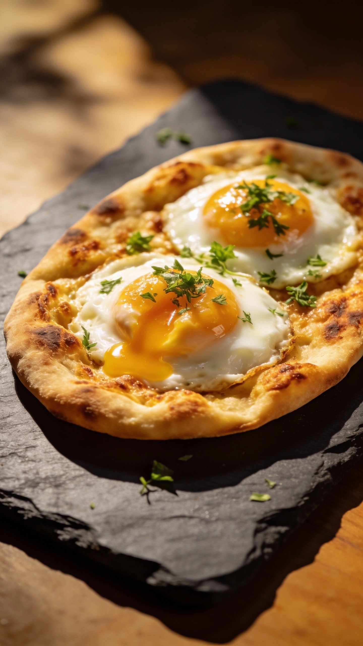 closeup keto flatbread with jammy eggs on slate plate