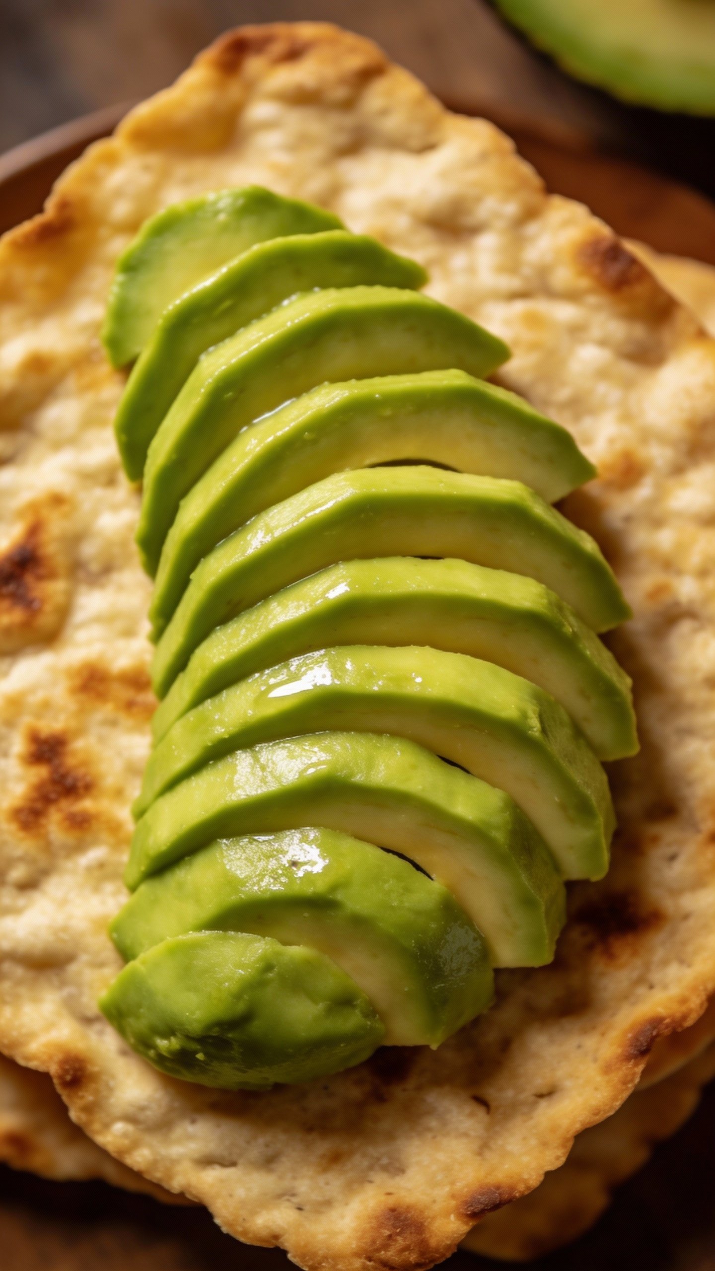 sliced avocado fan atop crispy keto flatbread, overhead