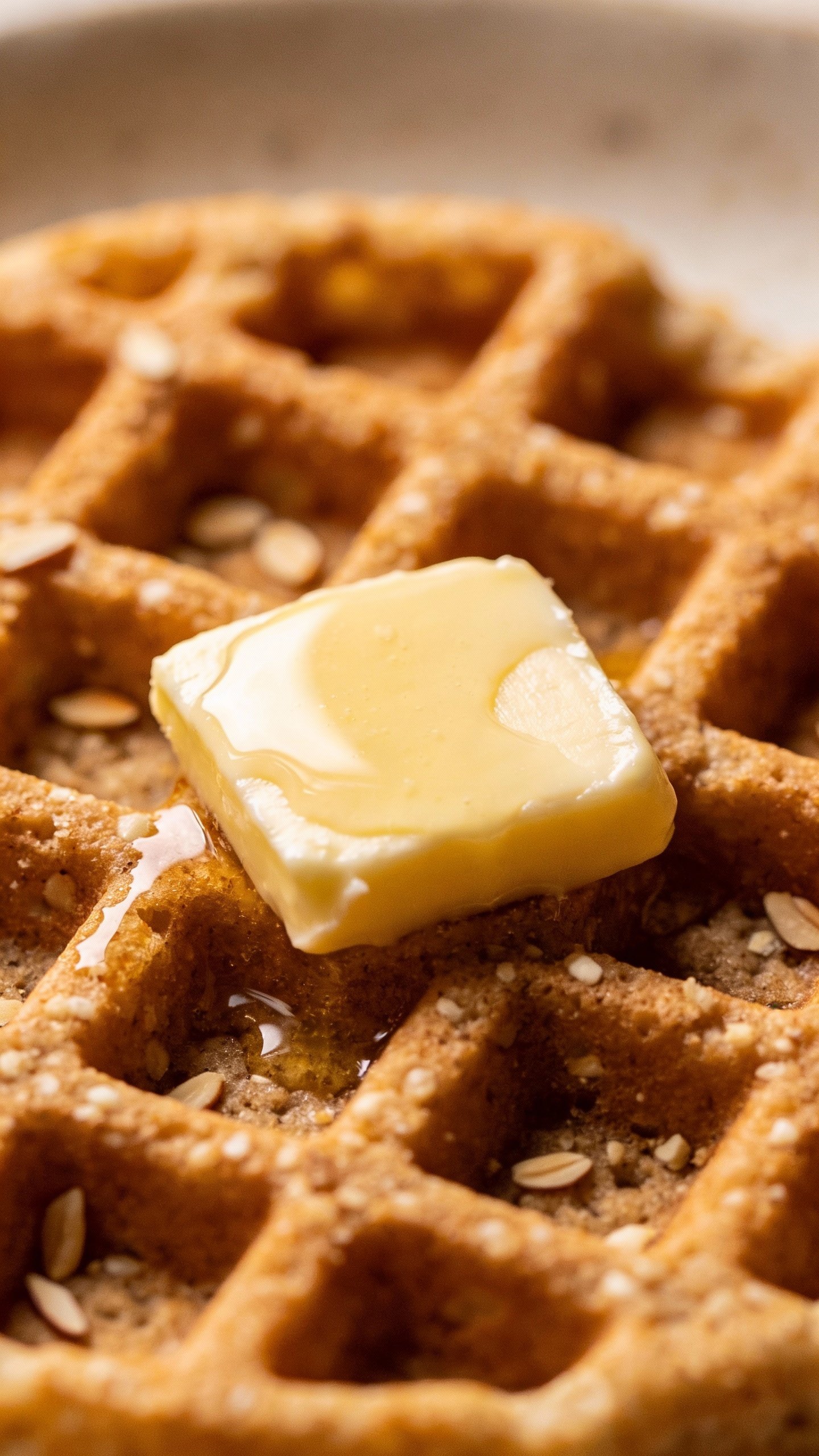 closeup single almond flour keto waffle with butter pat