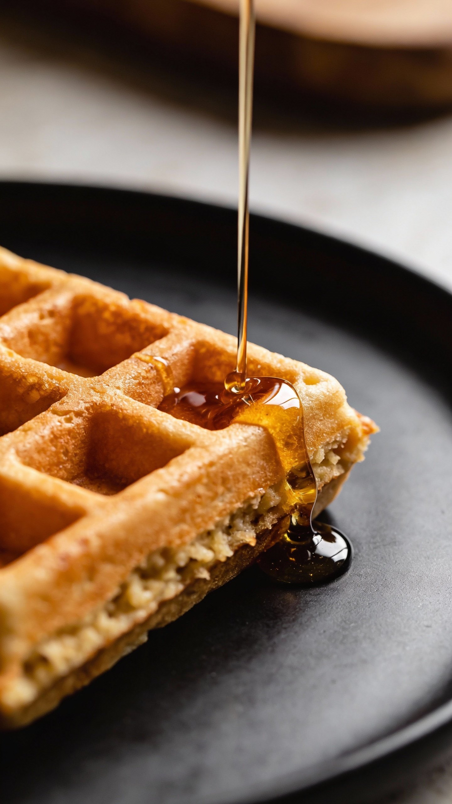 golden keto waffle quarter on matte black plate, syrup drizzle