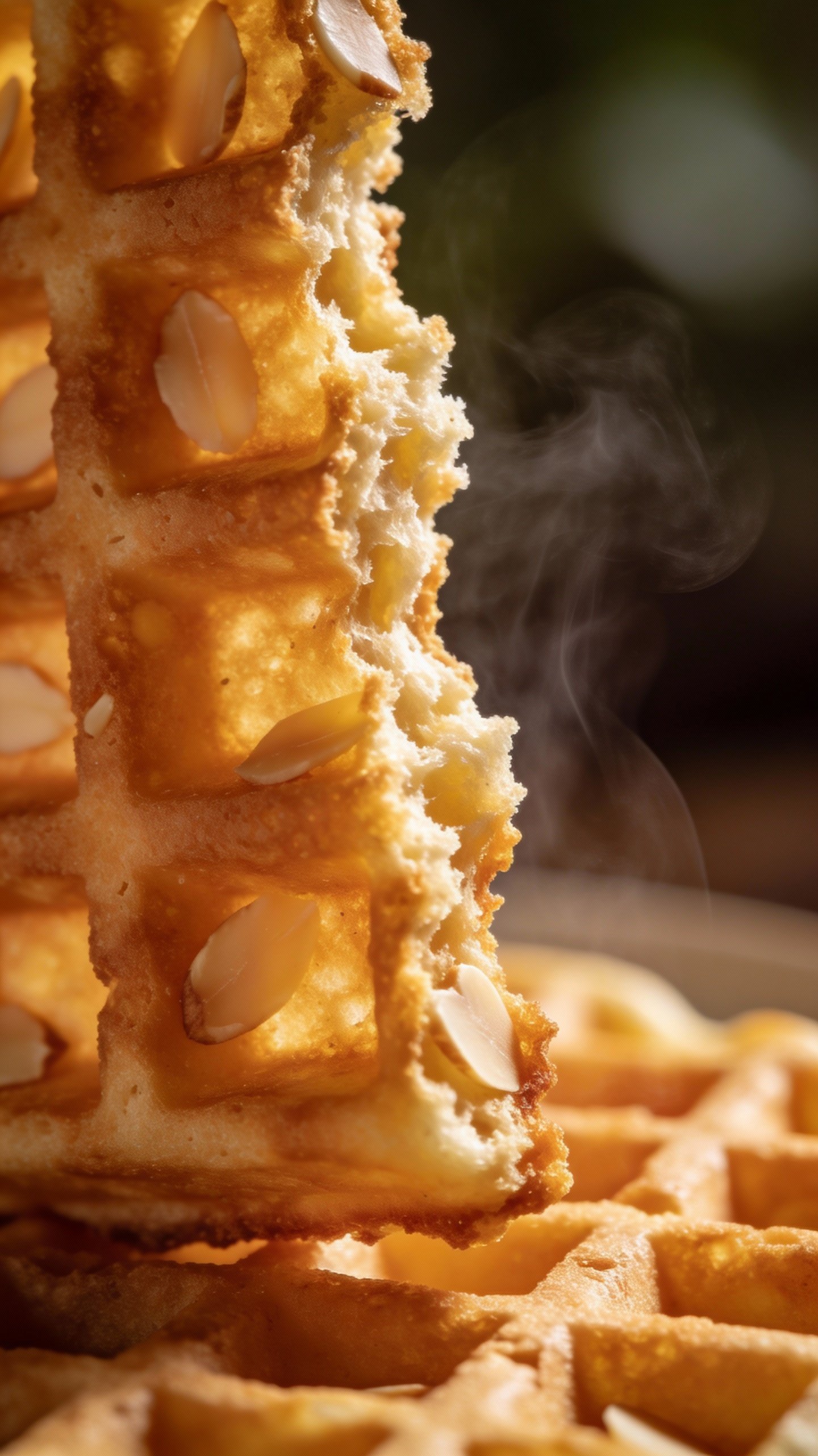 crispy almond flour waffle edge macro, steam rising