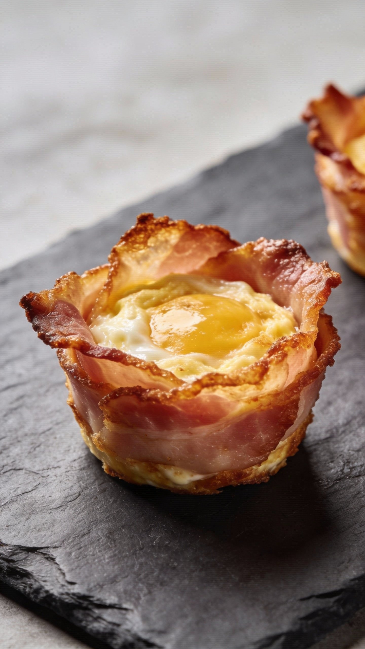 closeup crispy ham-wrapped keto egg cup on slate plate