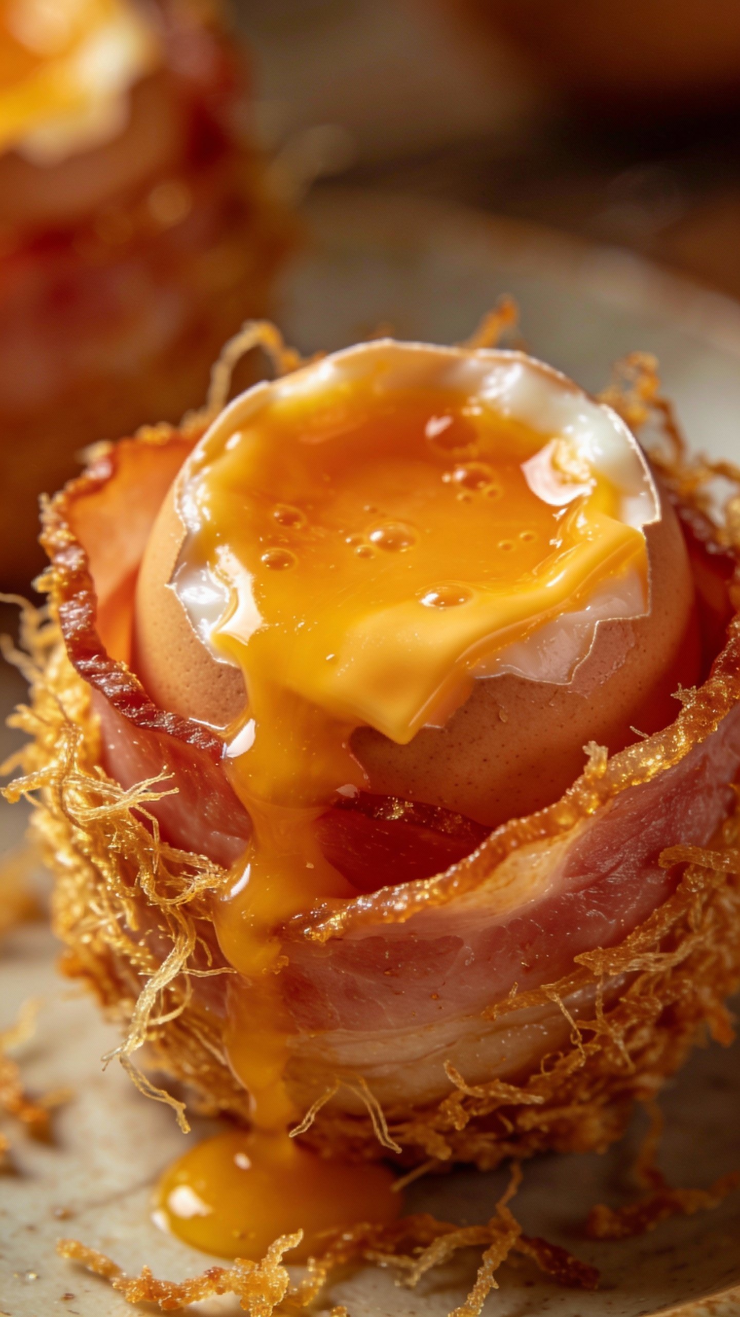 melted cheddar-topped egg cup in golden ham shell, macro