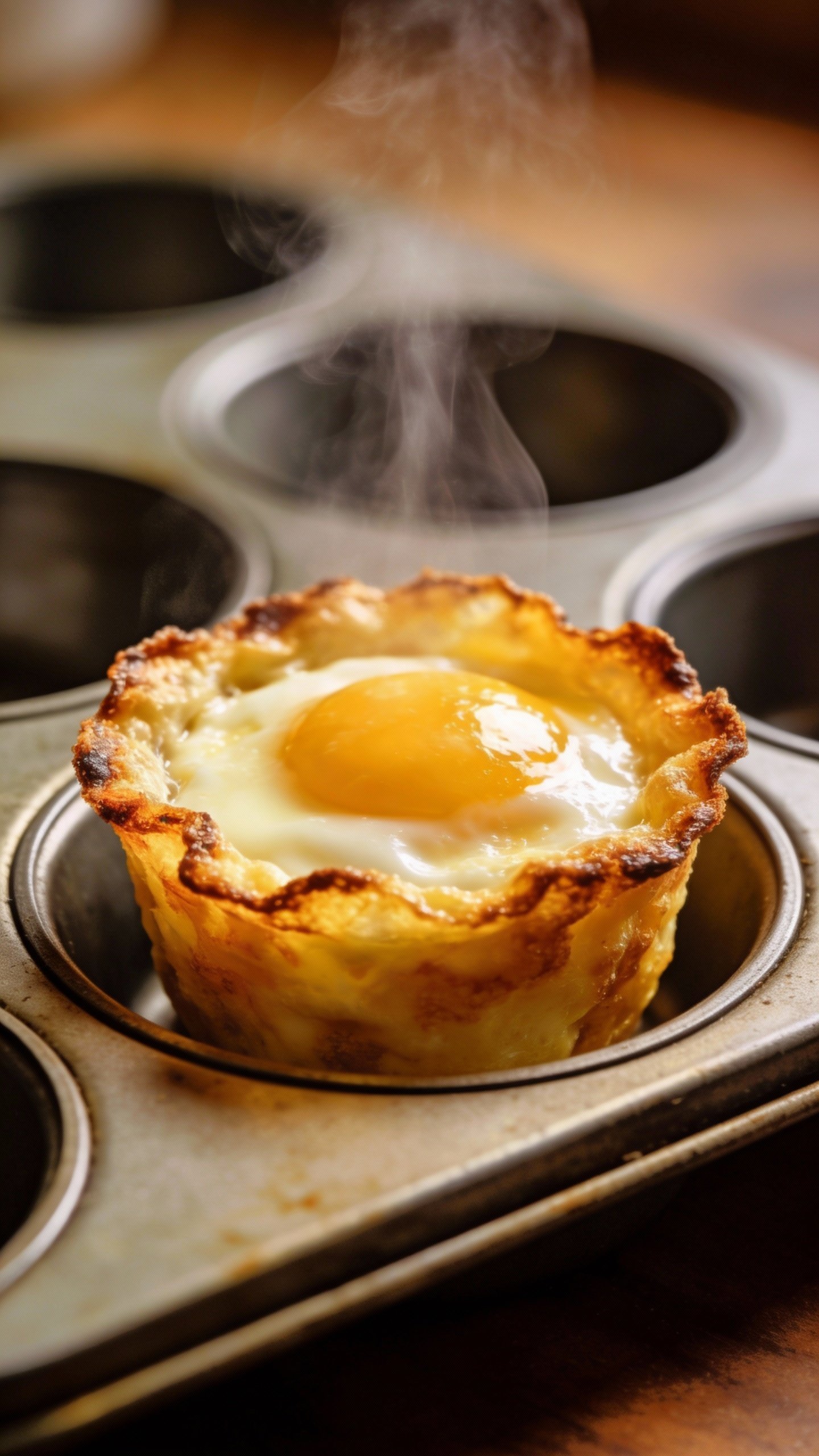 single keto egg cup in muffin tin, crisp edges, steaming