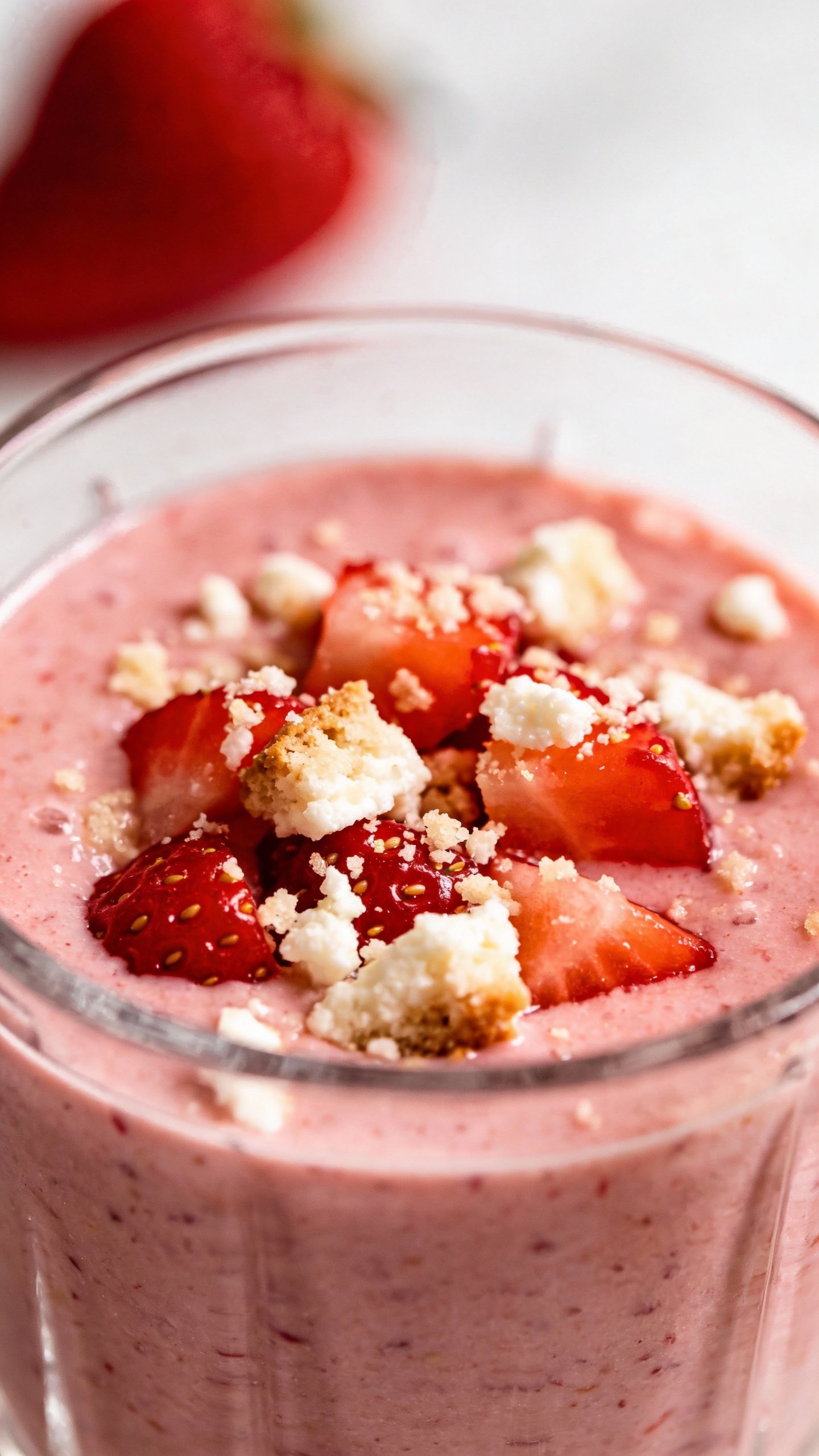 closeup strawberry cheesecake keto smoothie in clear glass