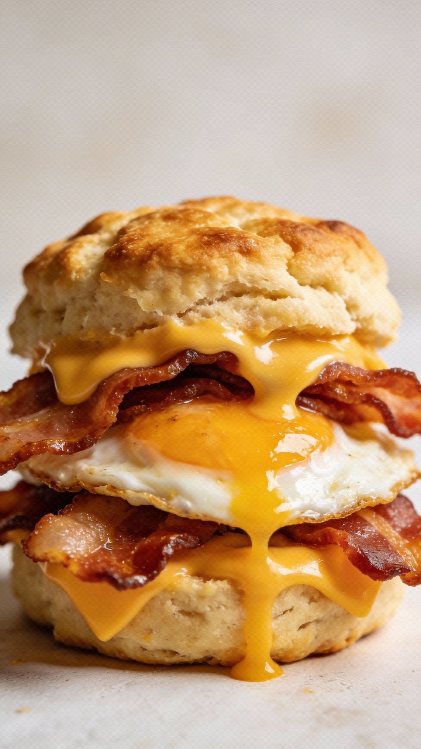 closeup keto biscuit breakfast sandwich with melty cheddar