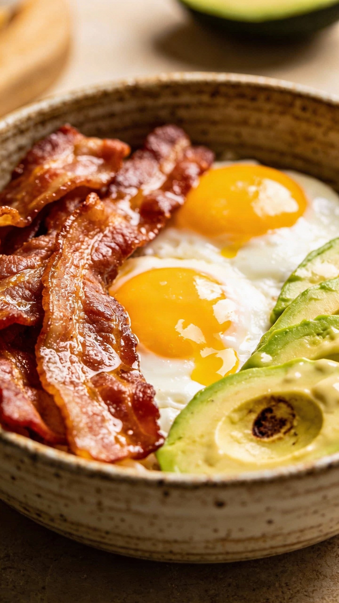 closeup keto breakfast bowl with bacon, eggs, avocado