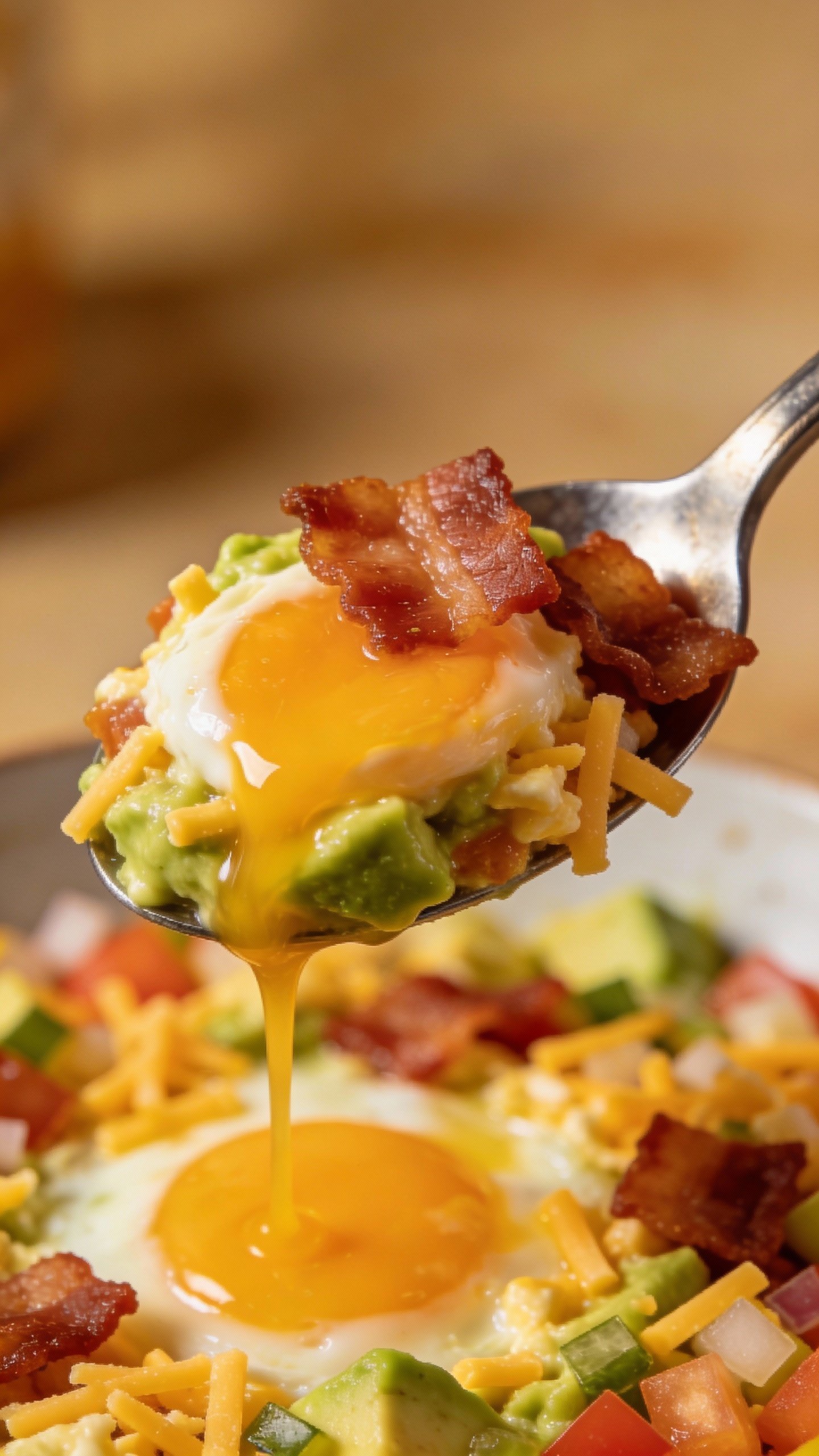 spoonful of loaded keto breakfast bowl, bacon and yolk