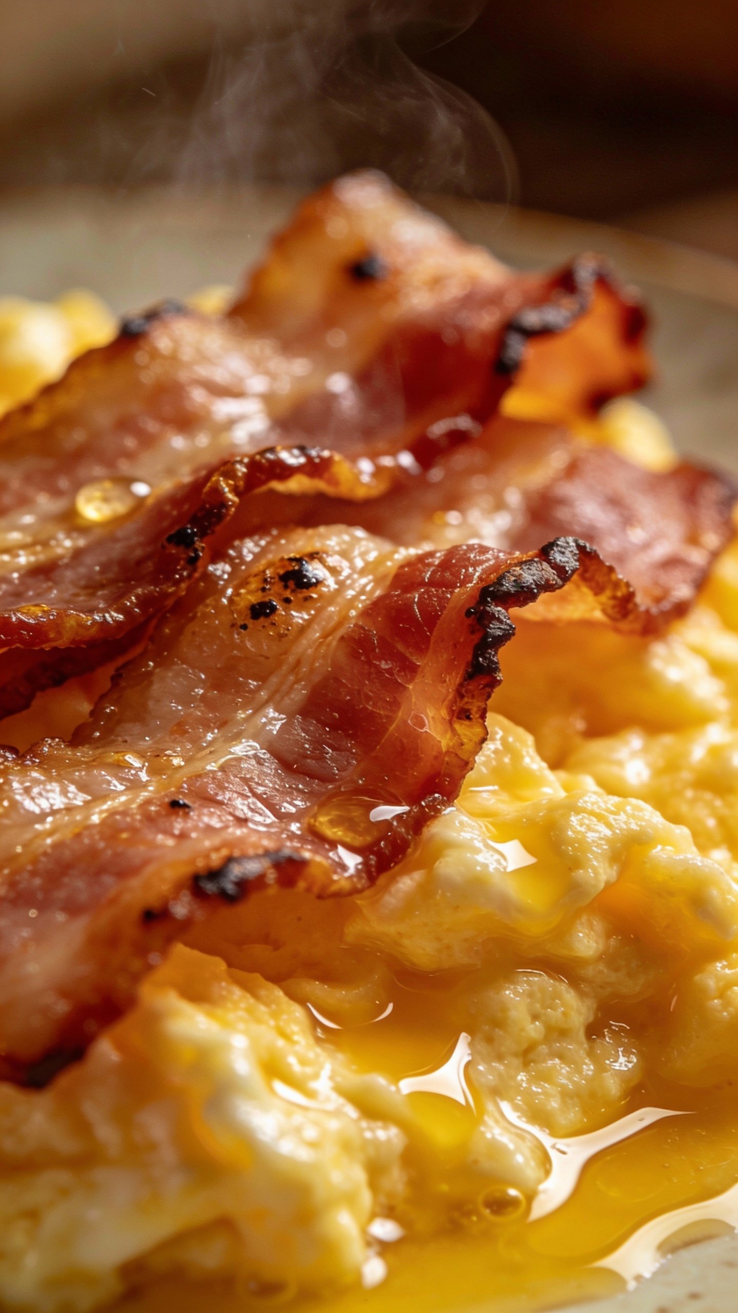 macro shot of crispy bacon over buttery scrambled eggs