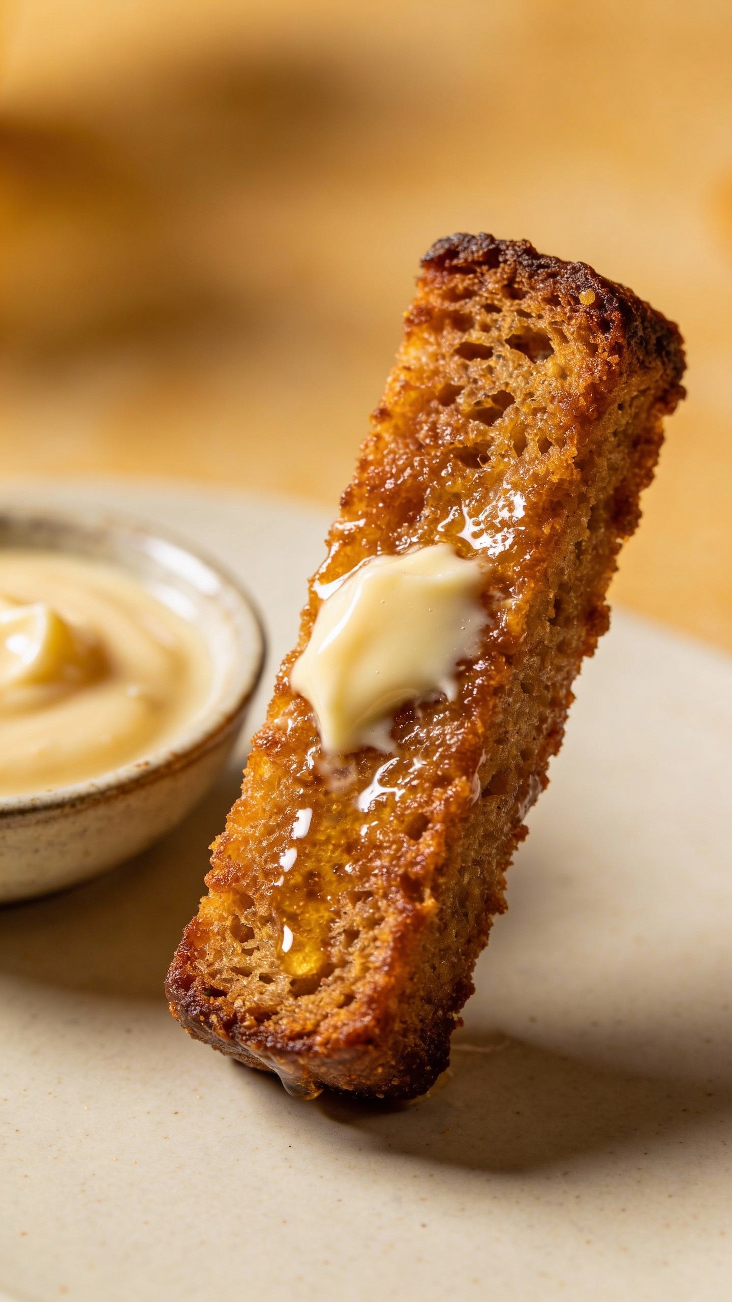 closeup of brown butter keto french toast stick, maple-free dip