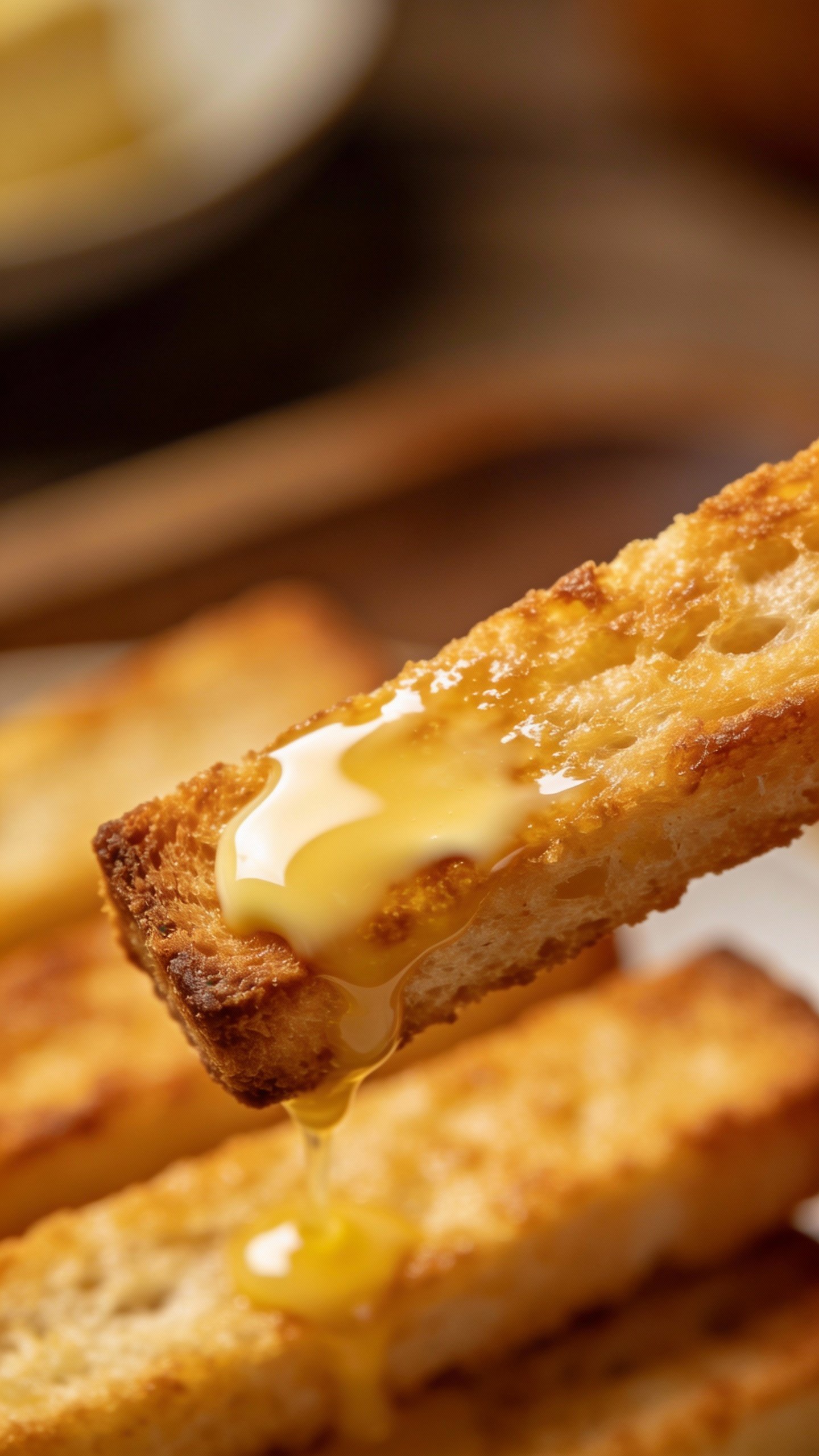 golden brown butter pooling on one keto toast stick, closeup