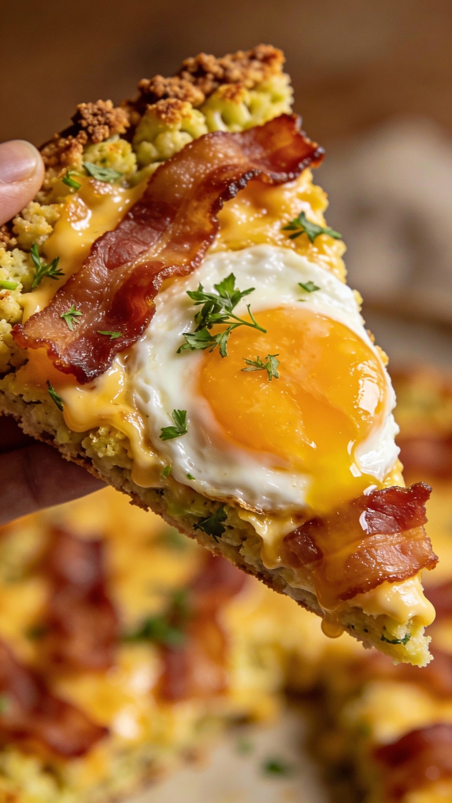 closeup keto breakfast pizza slice with egg and bacon