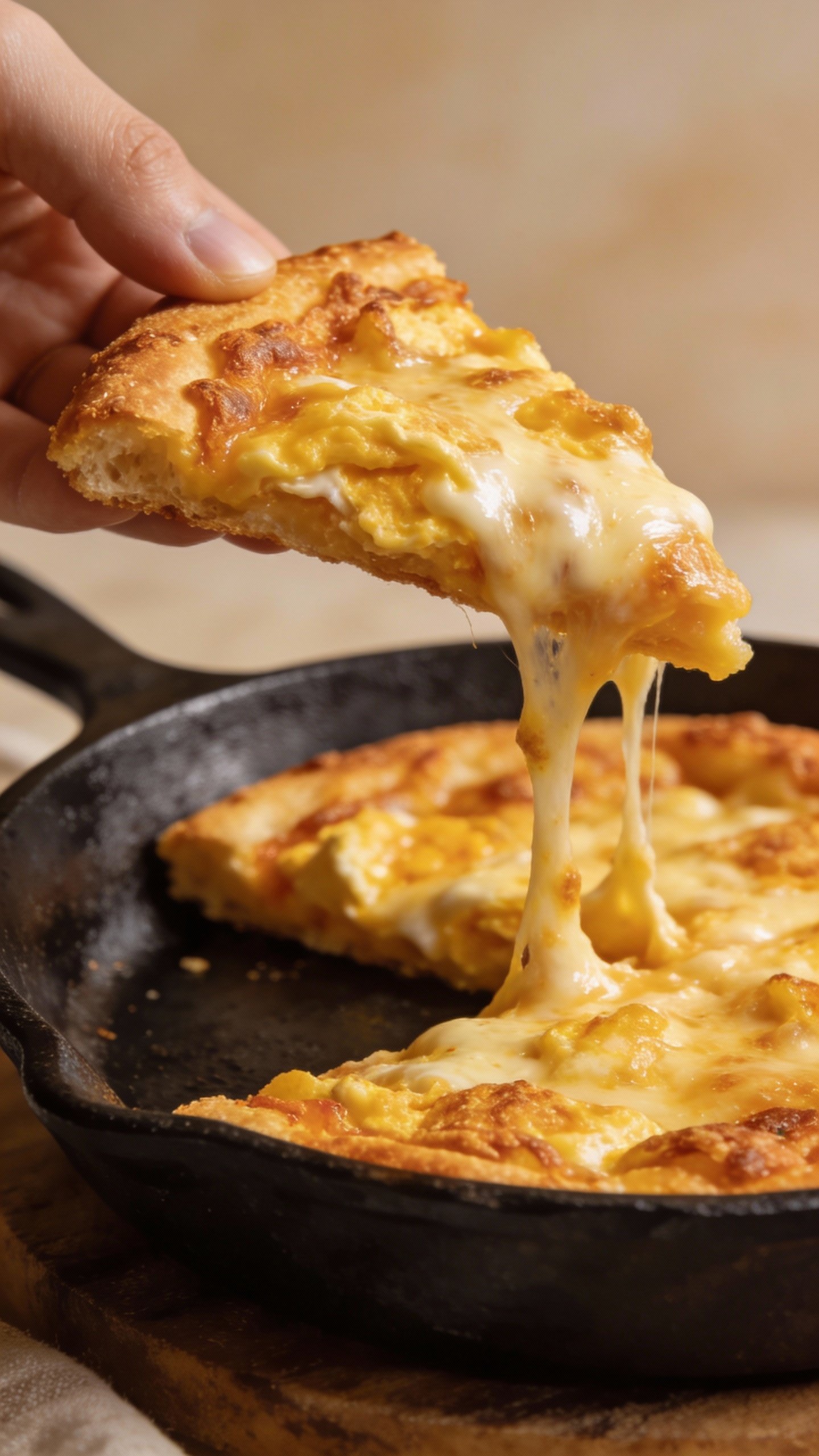 cast-iron slice of cheesy keto breakfast pizza, golden crust