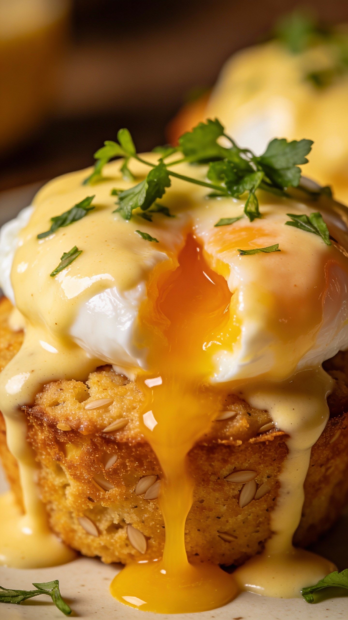 closeup keto eggs benedict on almond flour muffin, hollandaise drip
