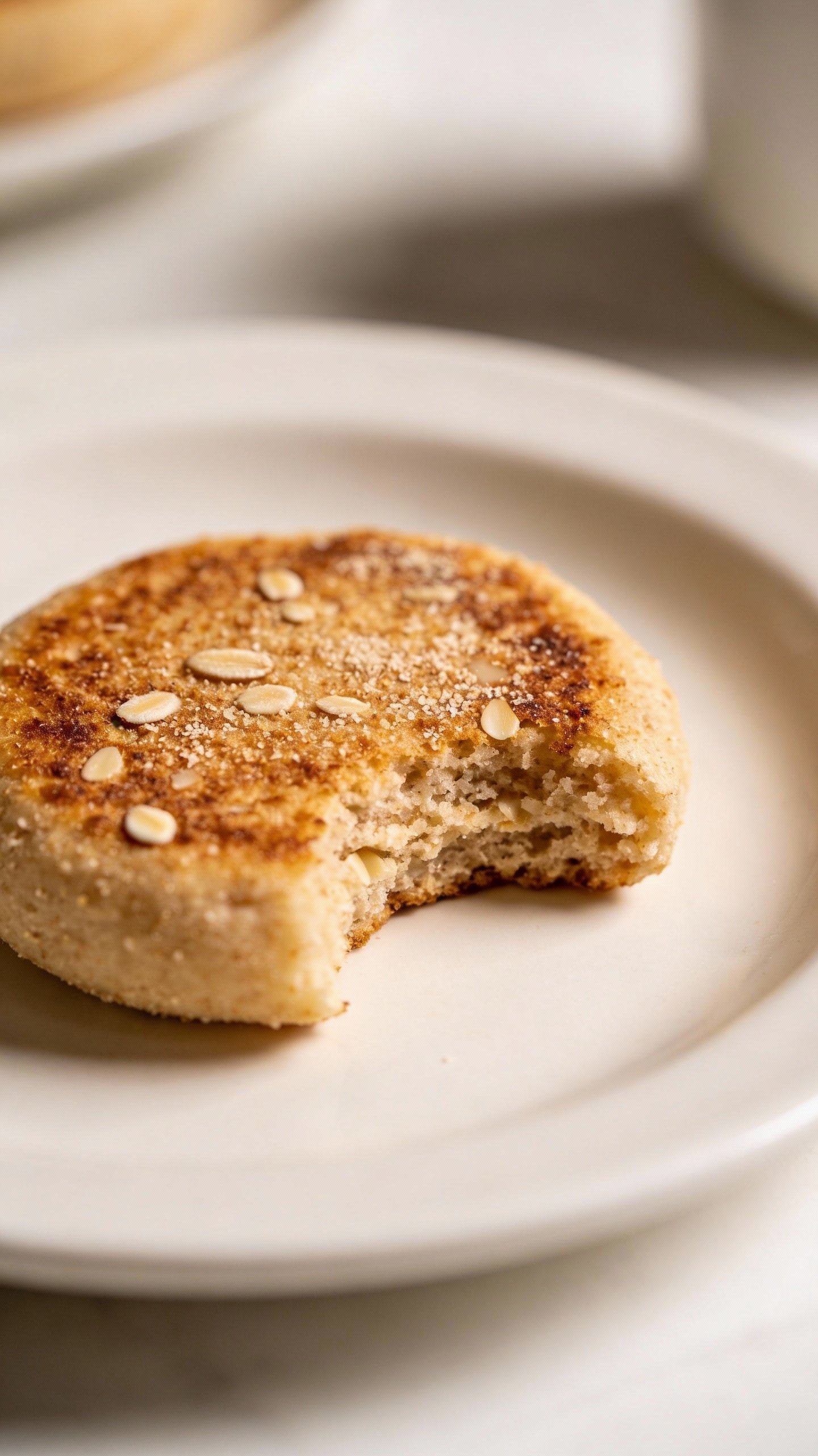 toasted almond flour english muffin half on white plate