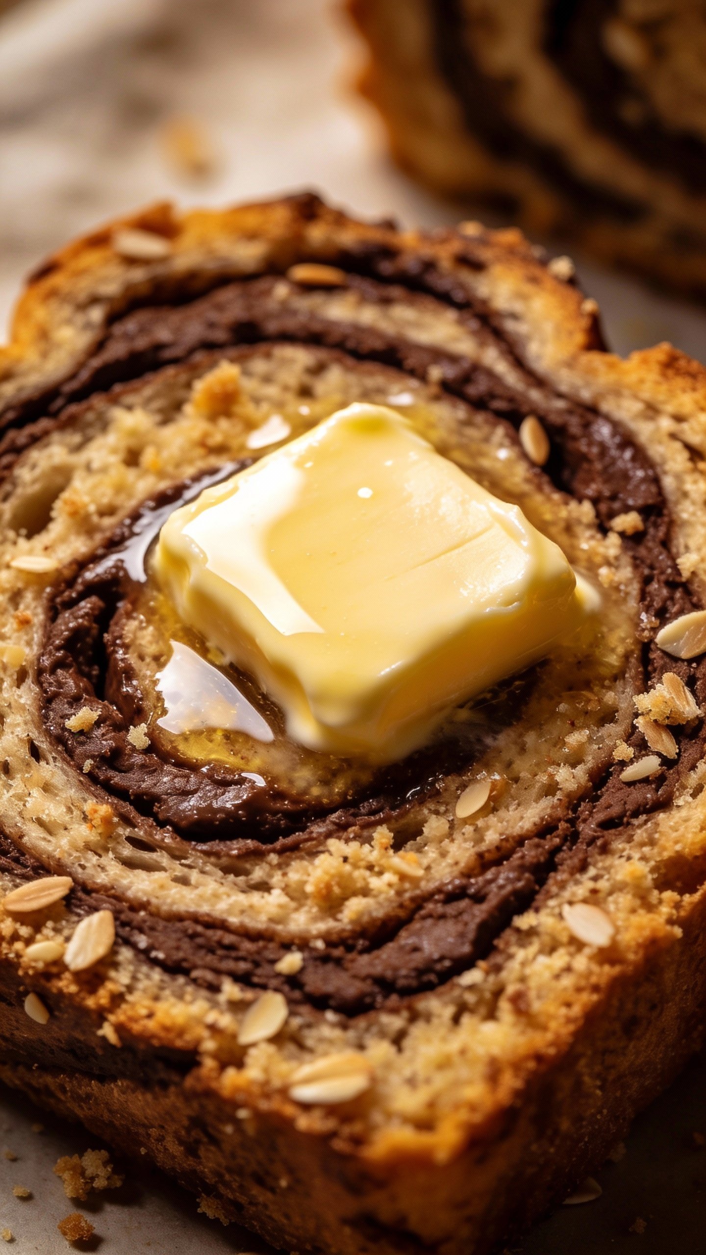 closeup slice of chocolate swirl keto bread with butter