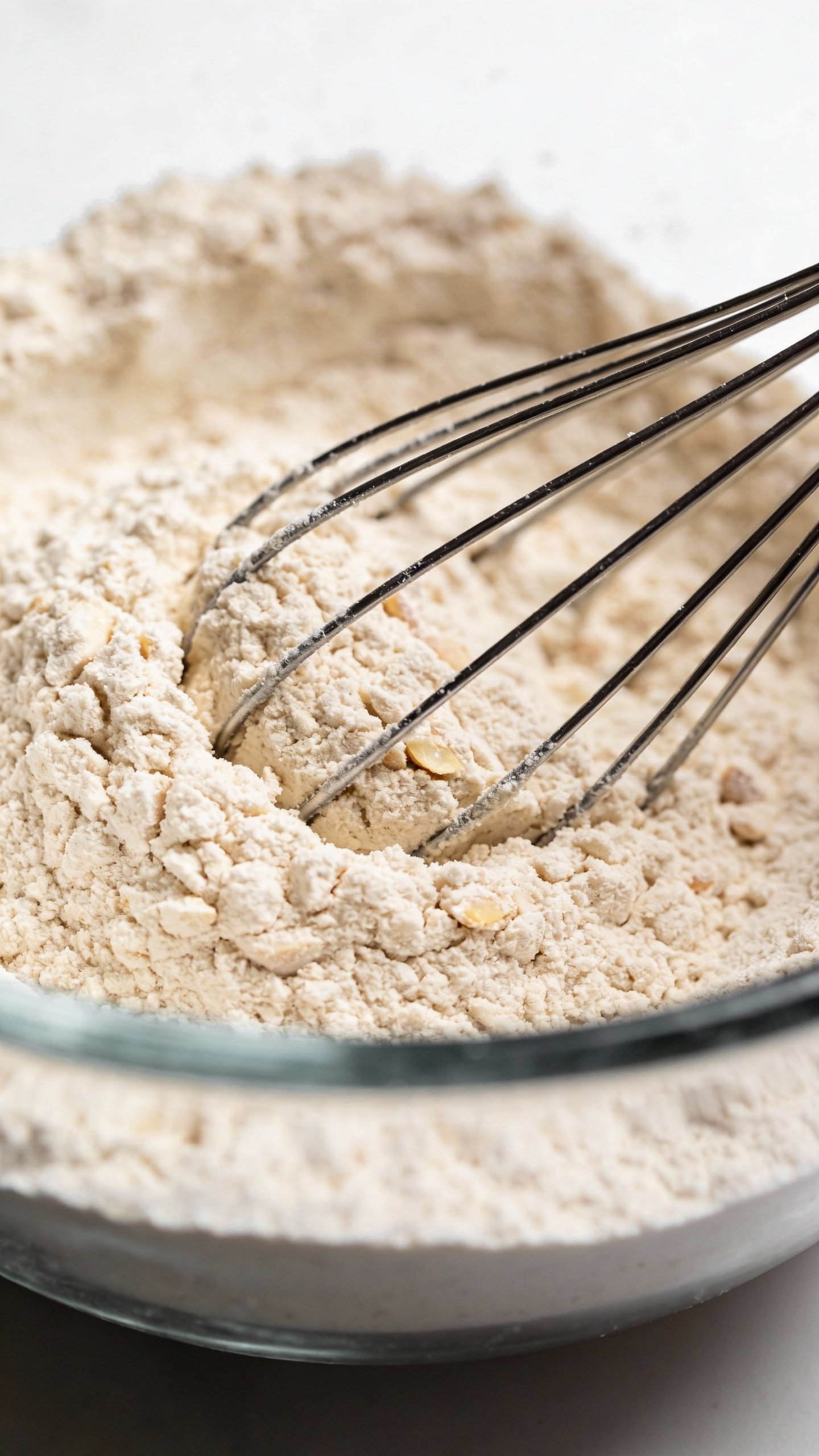 almond flour in glass bowl with whisk, tight macro