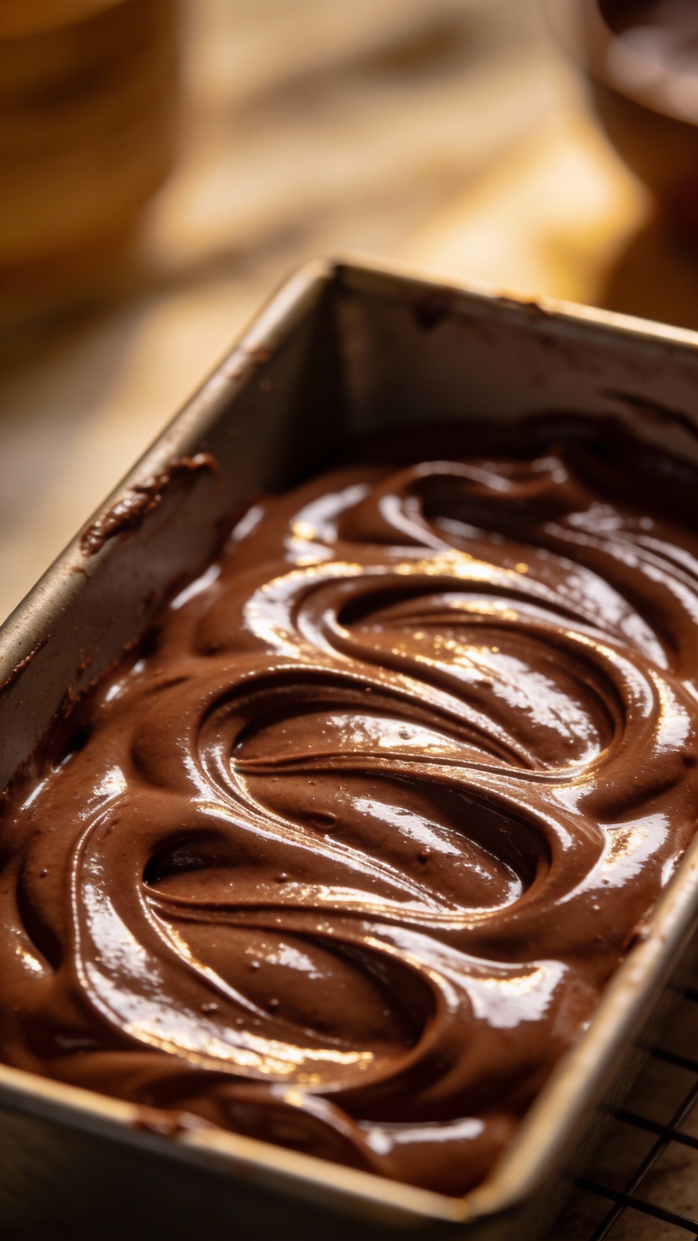 glossy chocolate swirl batter in loaf pan, overhead closeup