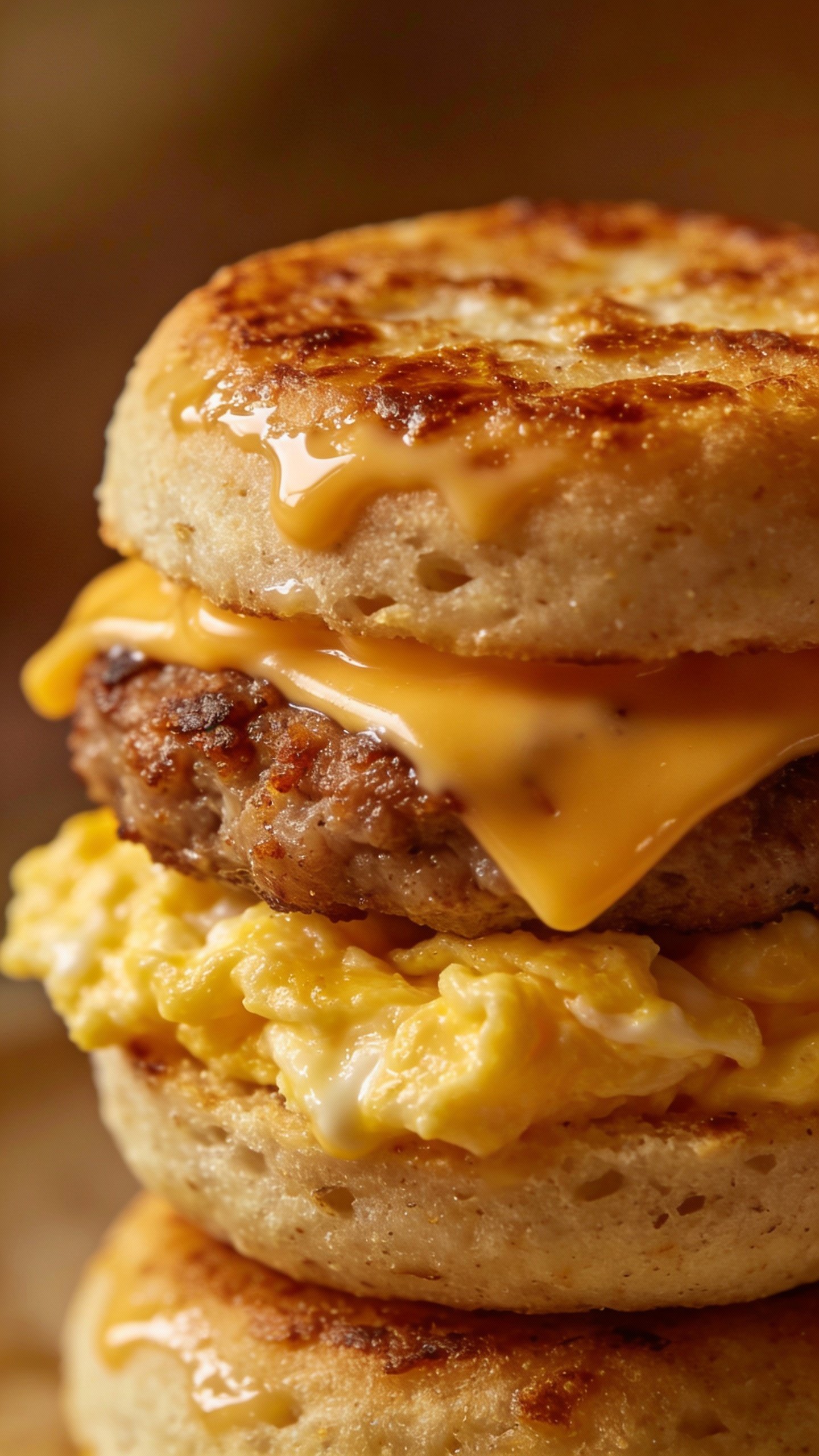 closeup keto sausage and egg slider with melted cheddar