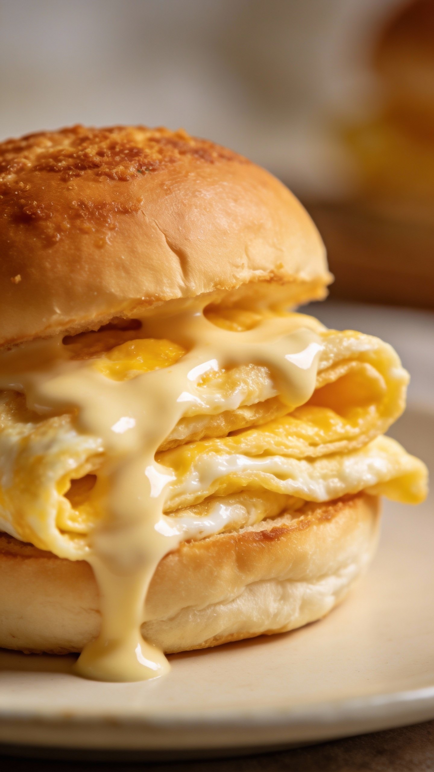 fluffy folded egg slider with creamy sauce drizzle closeup