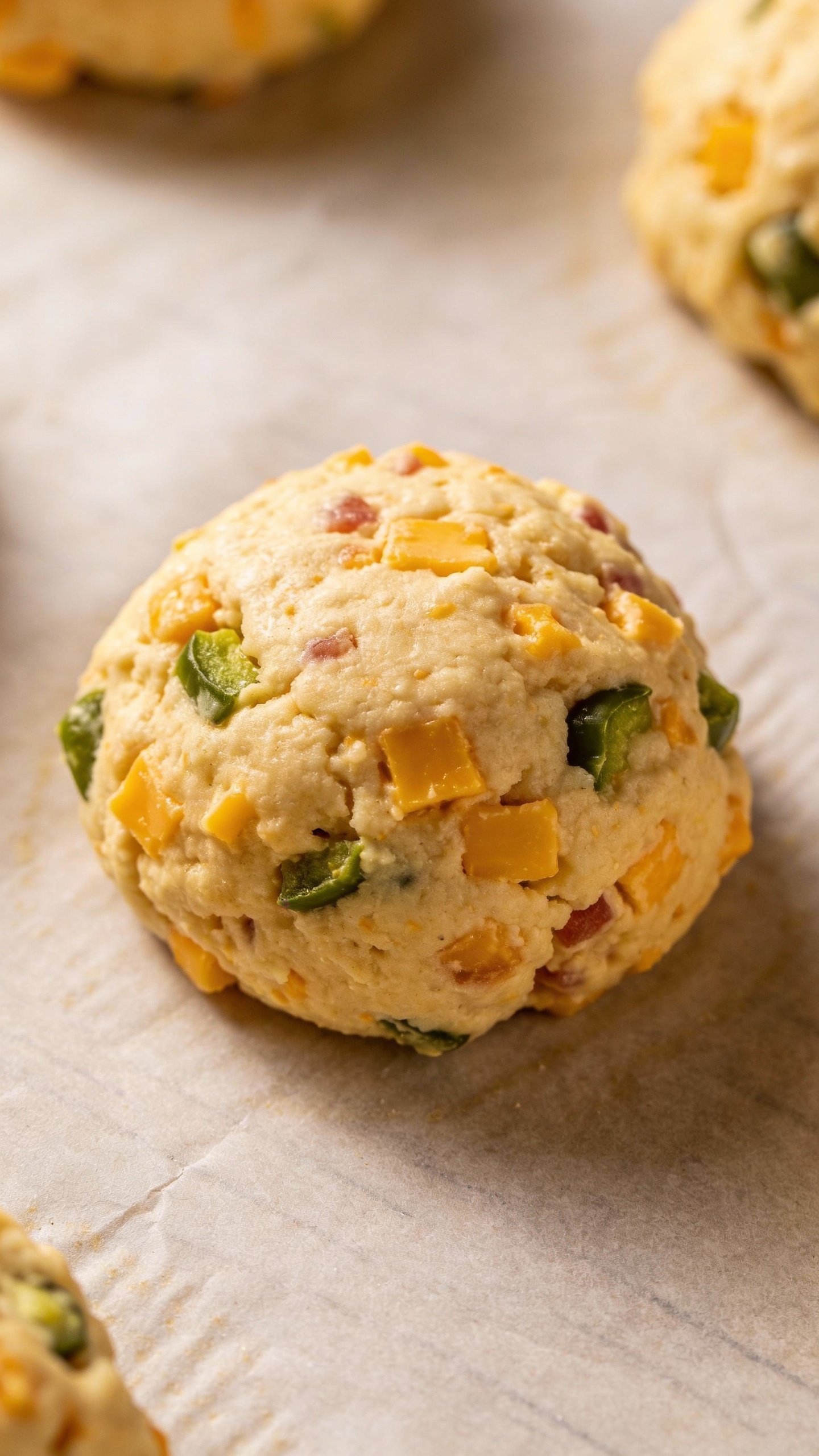 unbaked cheddar jalapeño biscuit dough ball on parchment