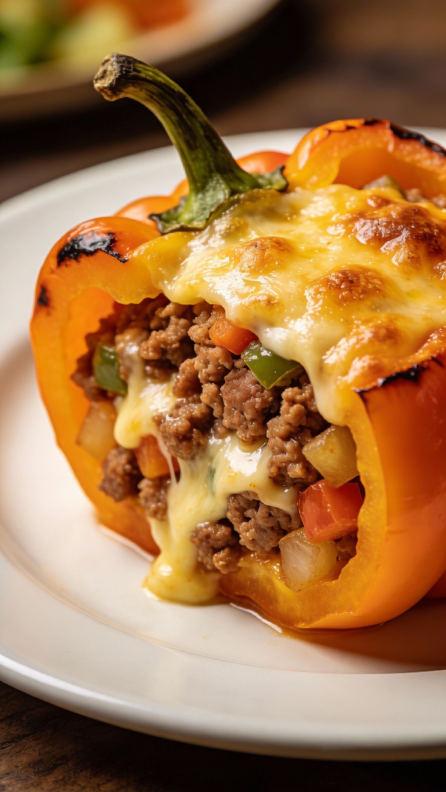 closeup of keto breakfast stuffed bell pepper on white plate