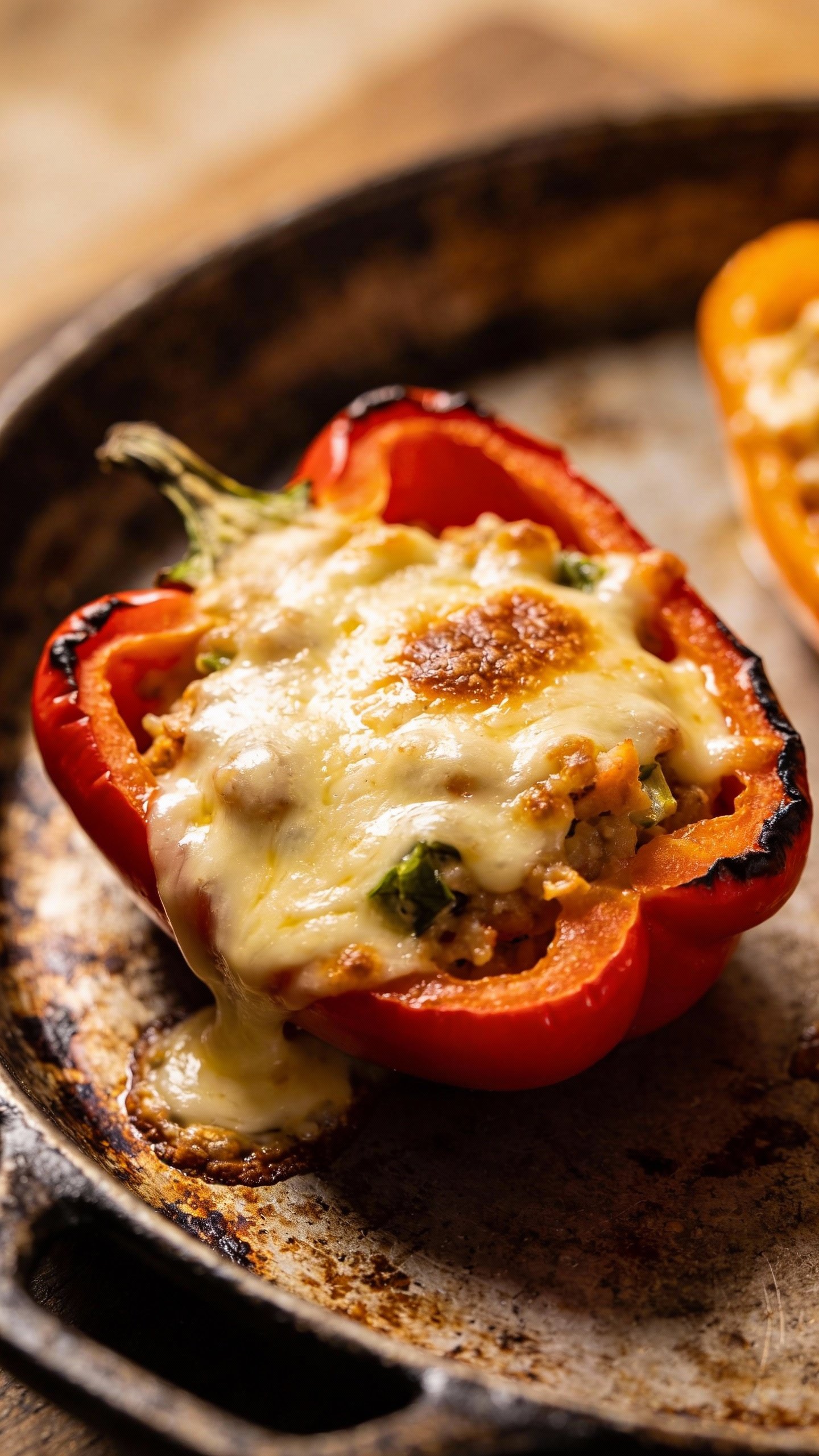 molten-cheese keto stuffed red bell pepper on cast-iron skillet