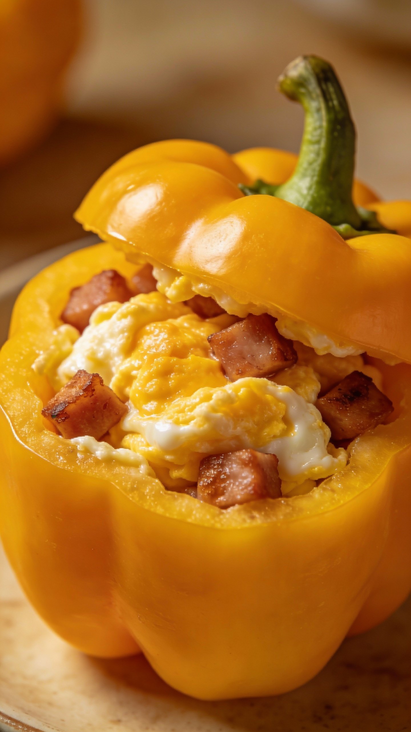 halved yellow bell pepper stuffed with eggs and sausage, closeup
