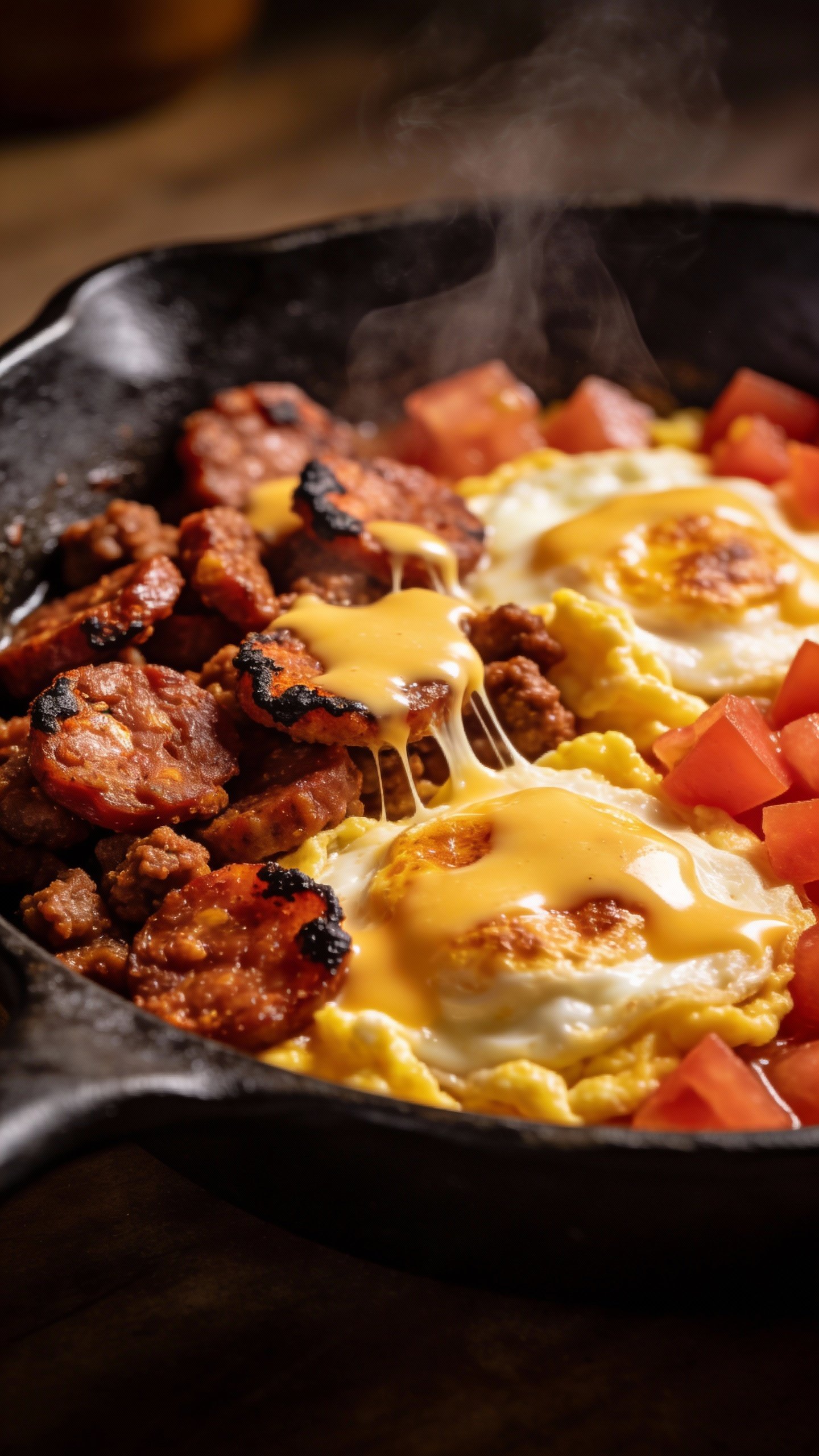 closeup skillet of spicy chorizo keto egg scramble