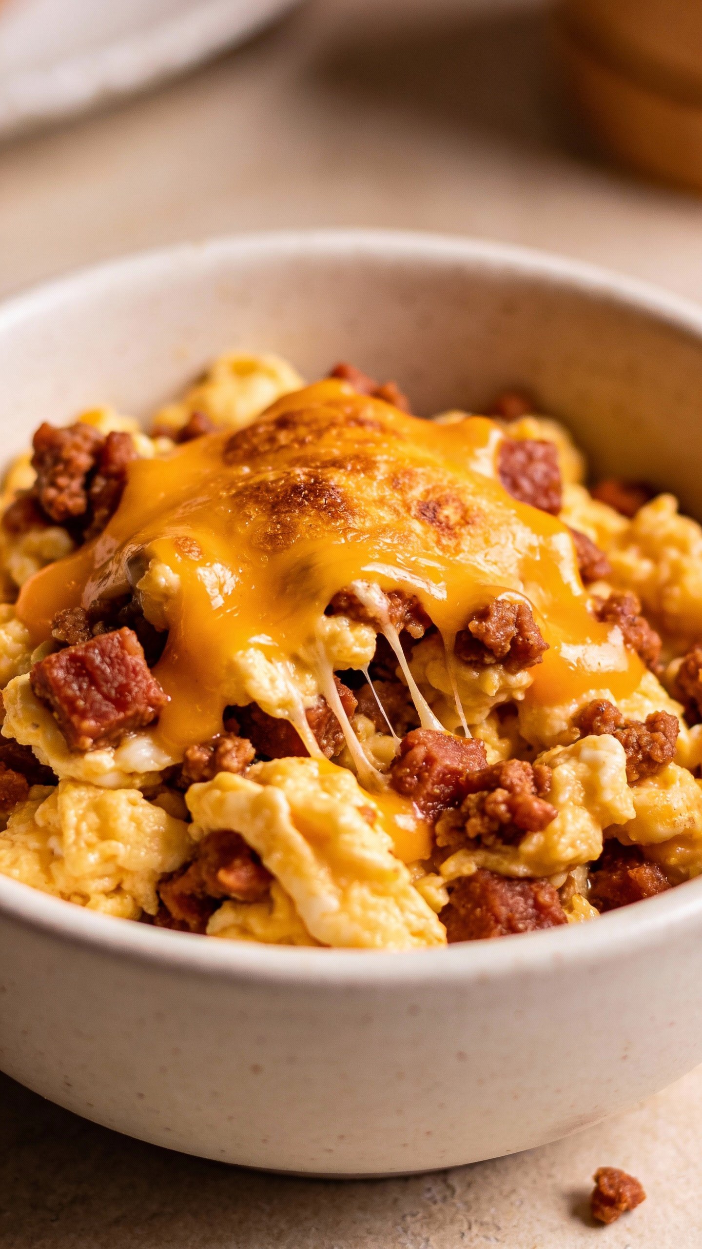 single bowl of chorizo egg scramble with melted cheddar