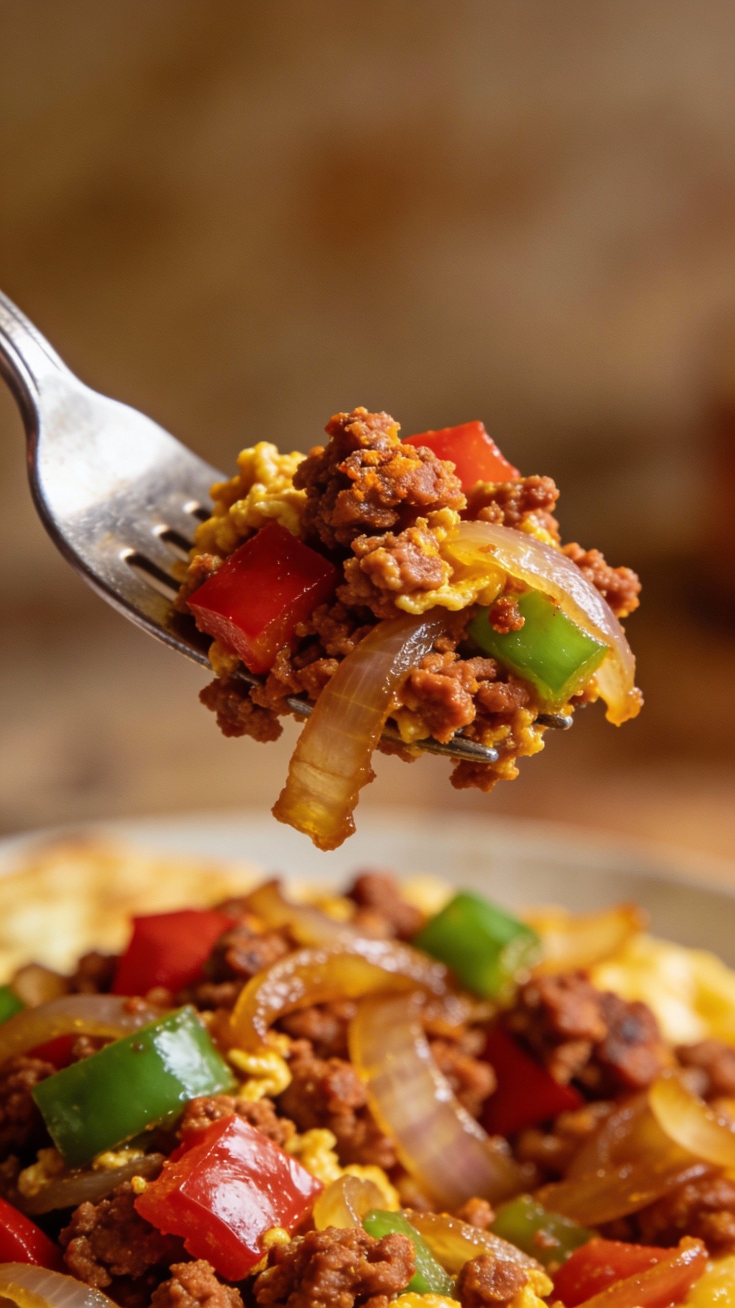 closeup forkful of chorizo scramble with peppers and onions