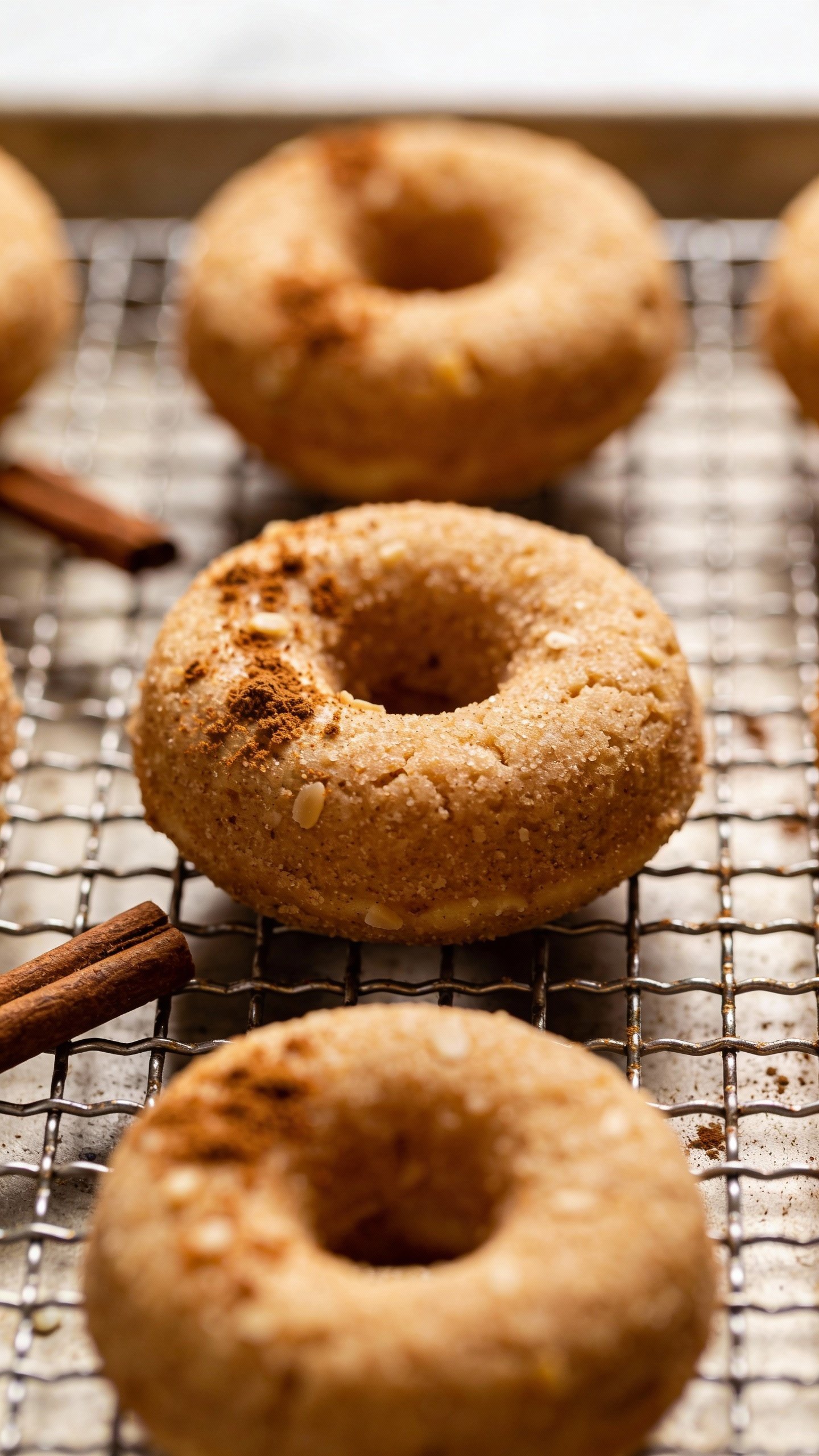 almond flour donut closeup on cooling rack, cinnamon crystals visible