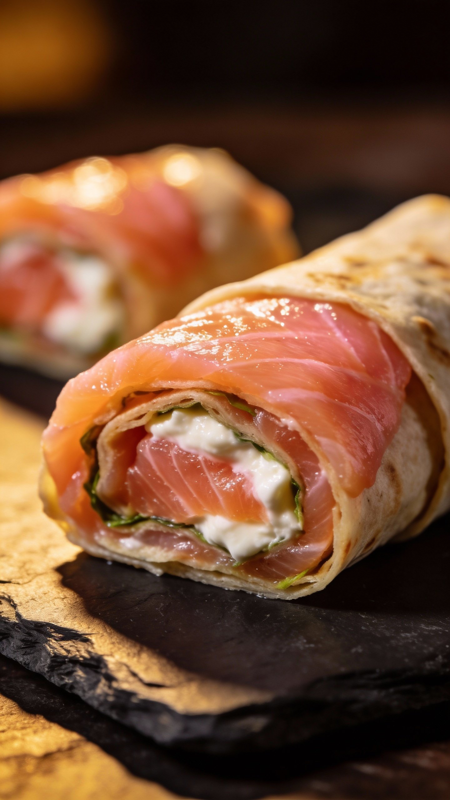 closeup smoked salmon keto roll-up on slate plate