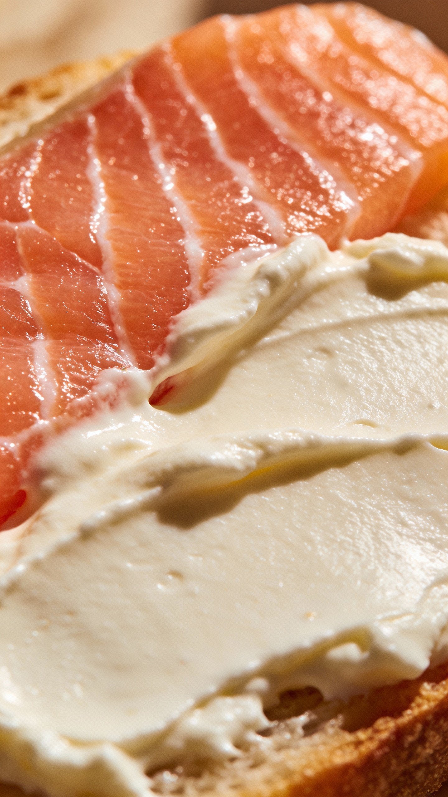 cream cheese spread on smoked salmon slice, macro shot
