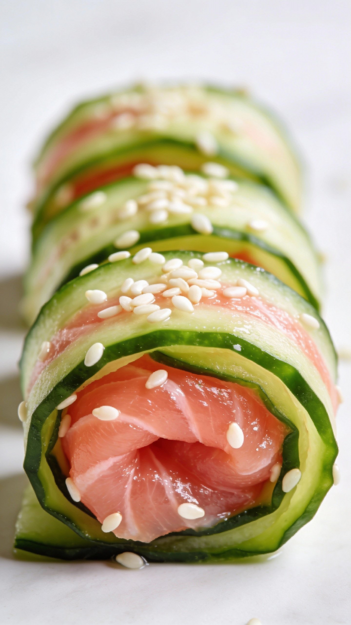 cucumber-wrapped salmon roll-up with sesame, studio lighting