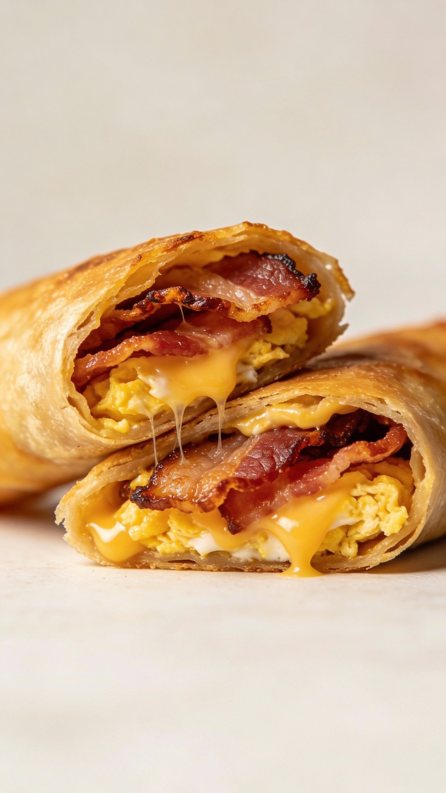 closeup of single smoky bacon keto breakfast egg roll, halved