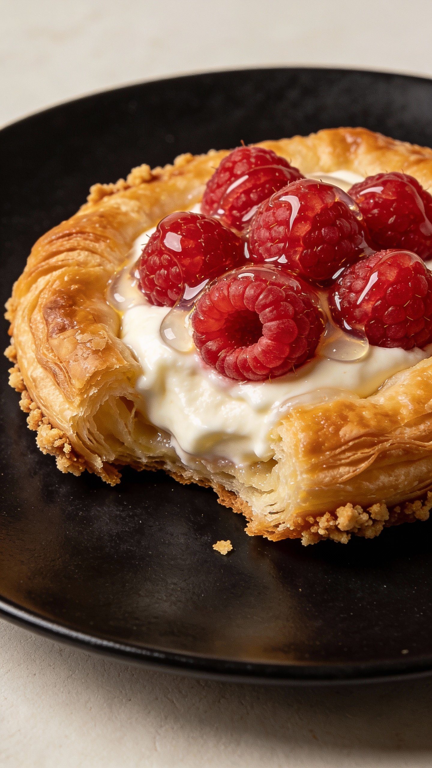 closeup raspberry cream keto Danish on matte black plate