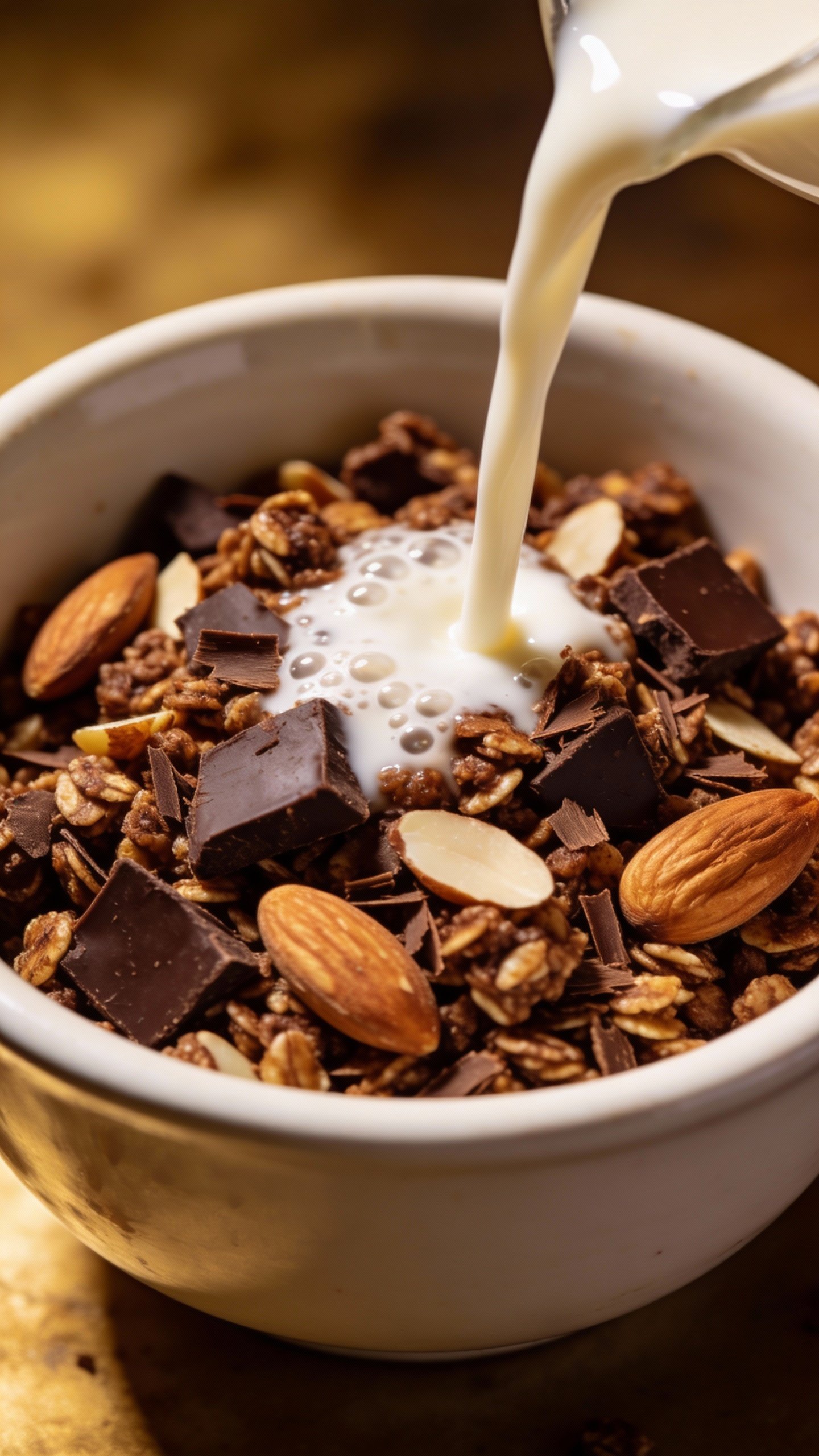 closeup bowl of chocolate almond keto granola with almond milk