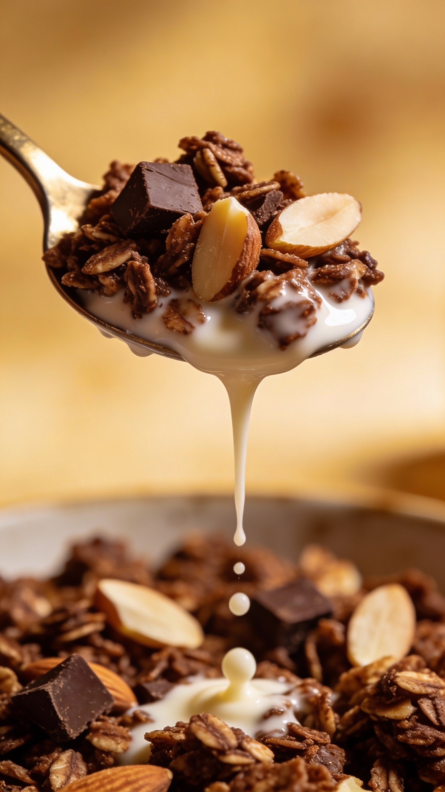 spoonful of chocolate almond keto granola dripping almond milk