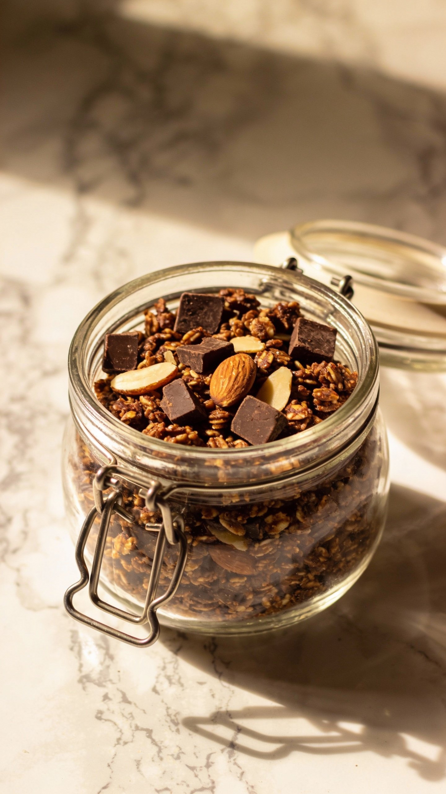 glass jar of chocolate almond keto granola on marble surface