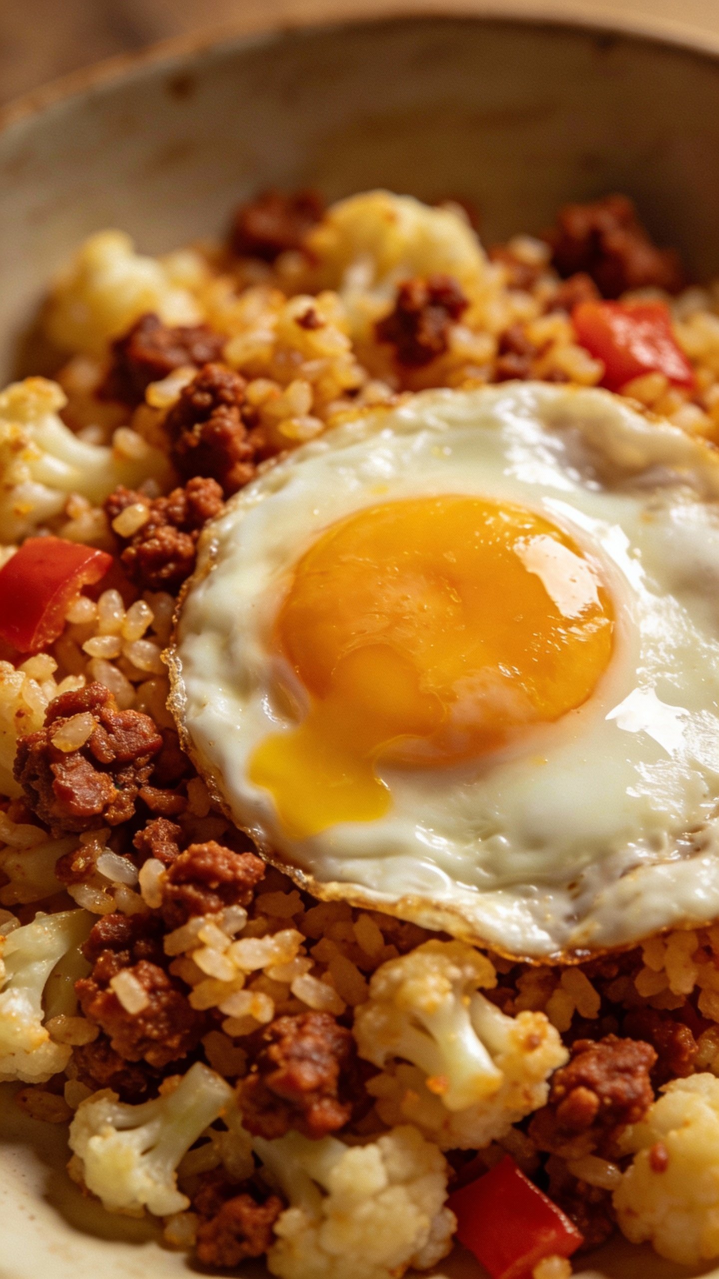 single fried egg atop chorizo cauliflower rice, overhead