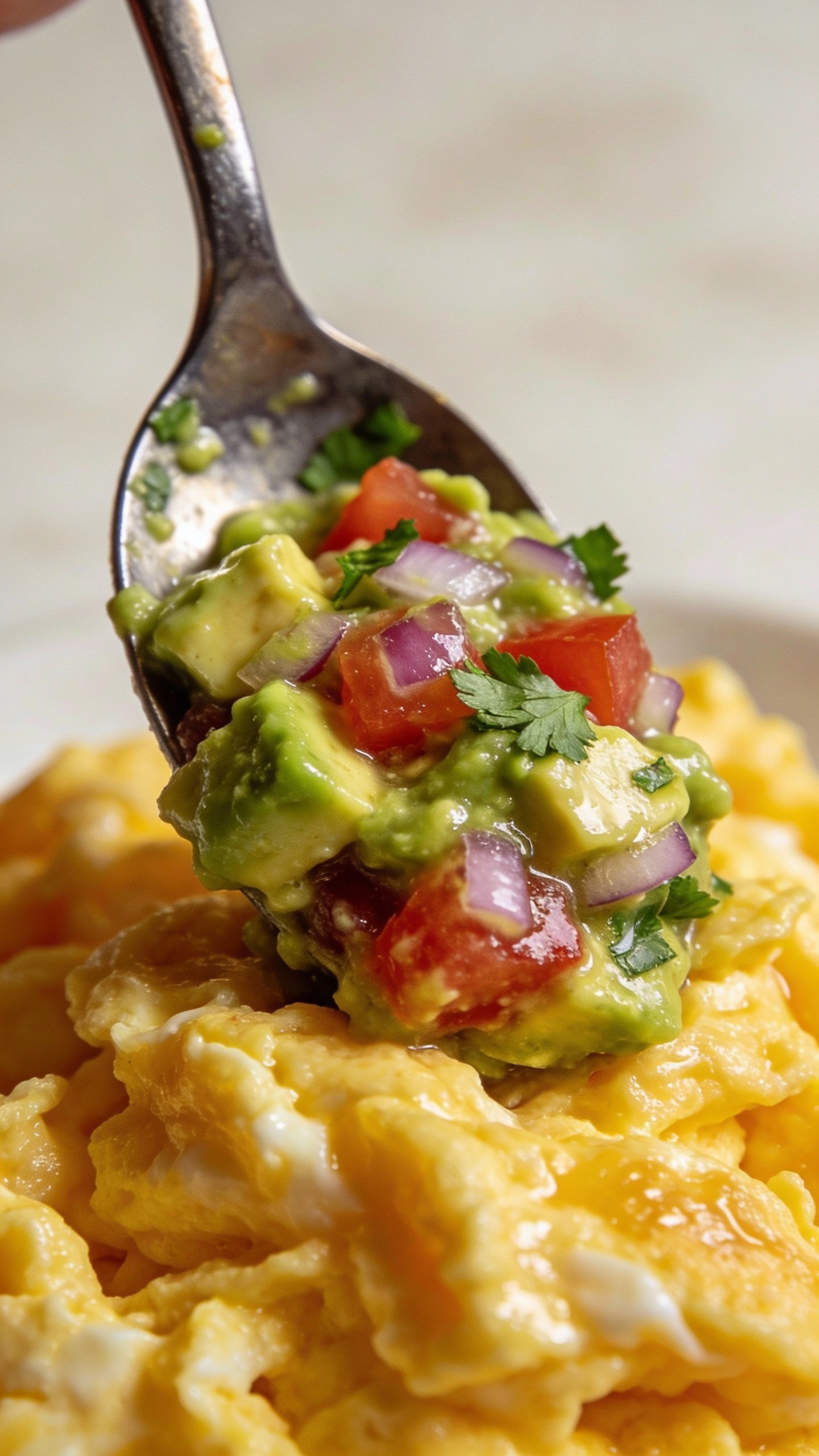 spoonful of avocado salsa over scrambled eggs, macro shot