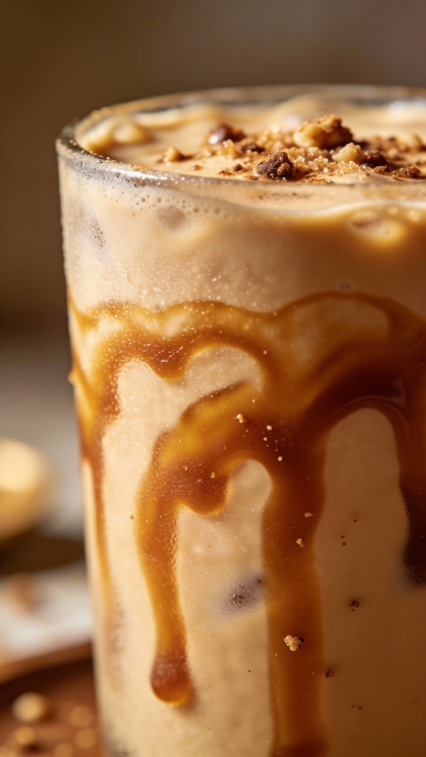 closeup salted caramel keto coffee shake in frosted glass