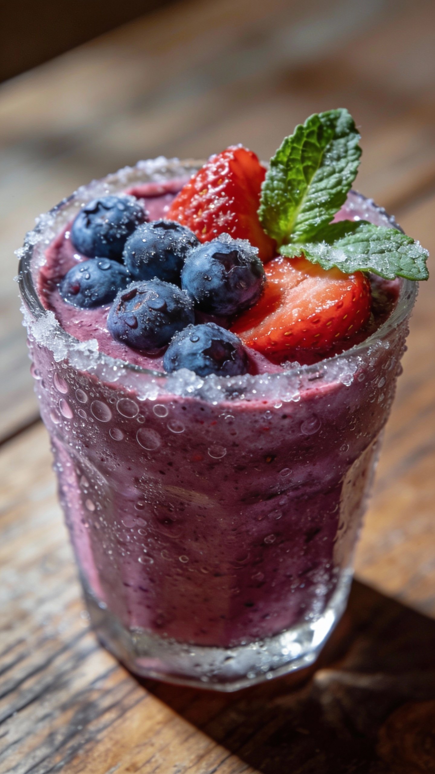 closeup keto berry smoothie in clear glass, frosty condensation