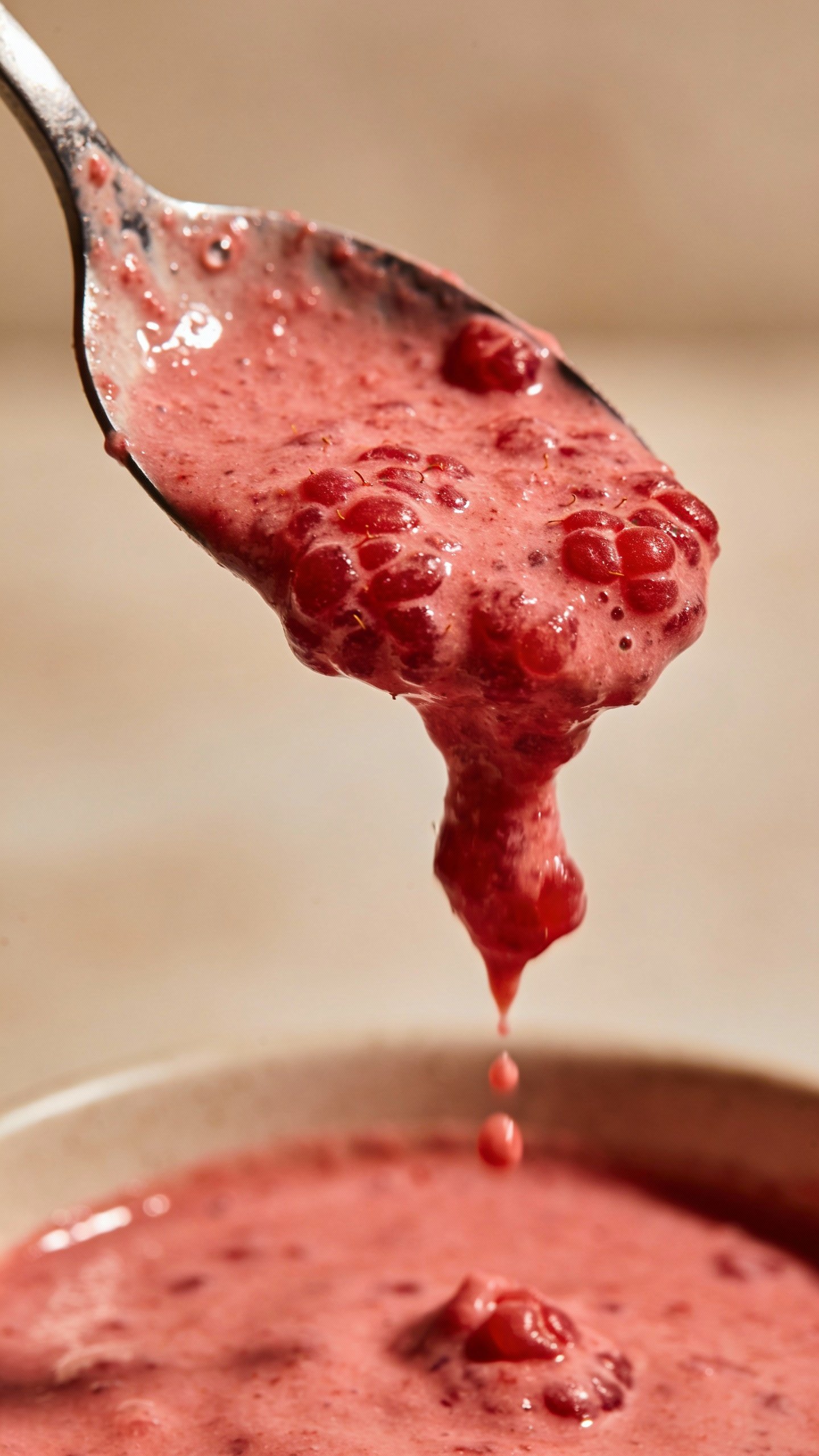 spoonful of thick raspberry smoothie, creamy texture detail
