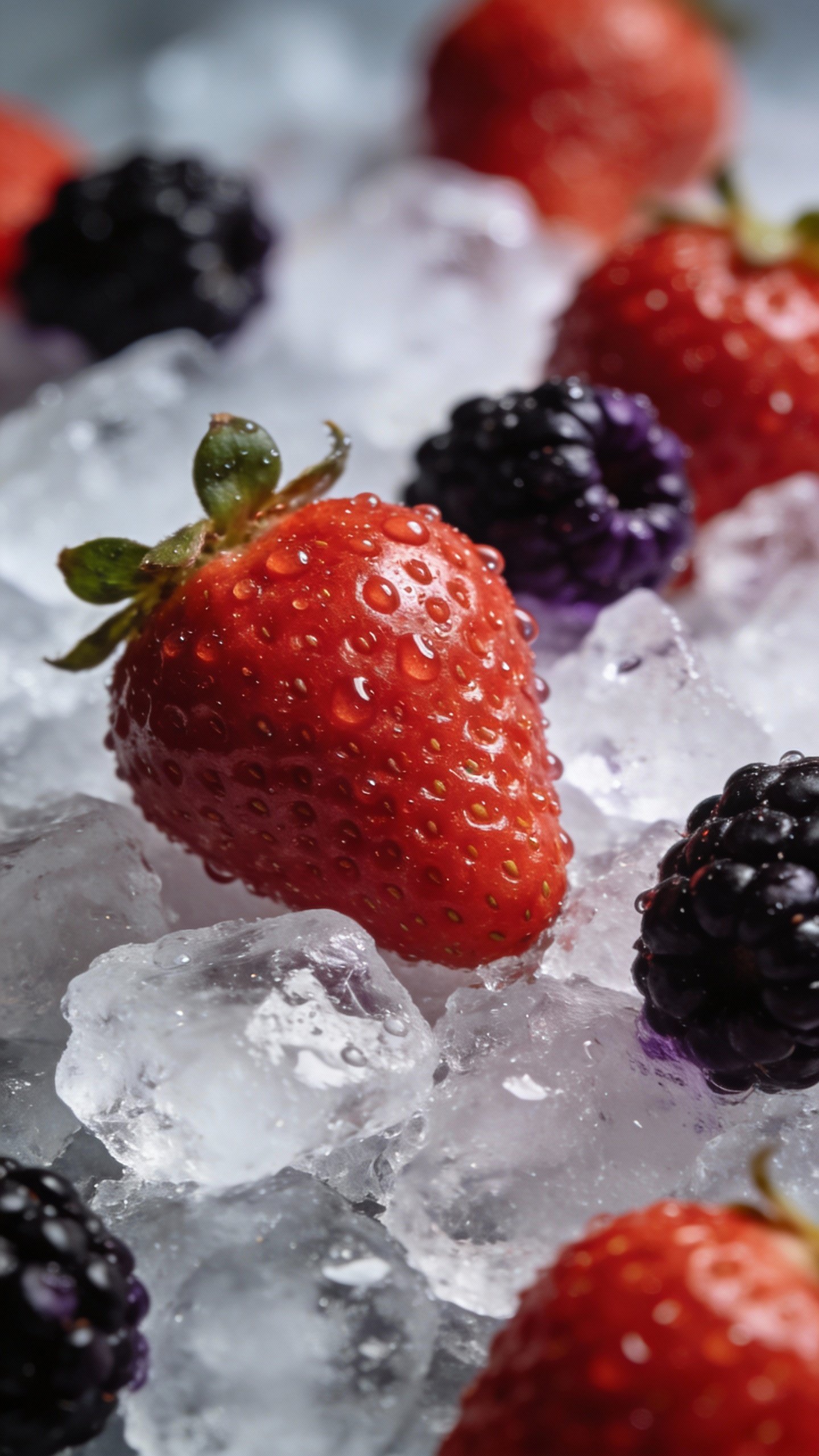 closeup strawberries and blackberries on crushed ice, dewy freshness